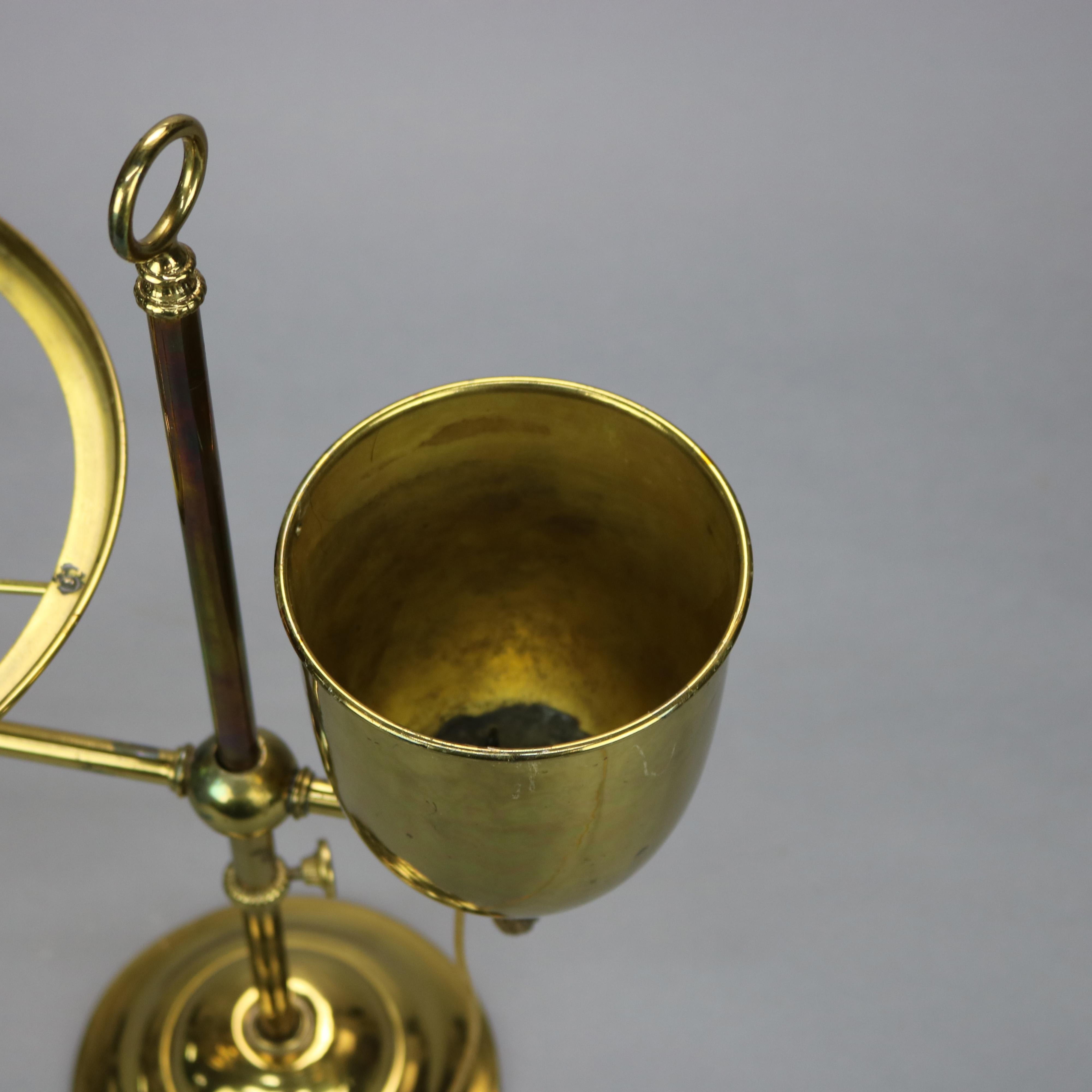 Antique Harvard School Brass Student Lamp with Decorated Green Cased Glass Shade 2