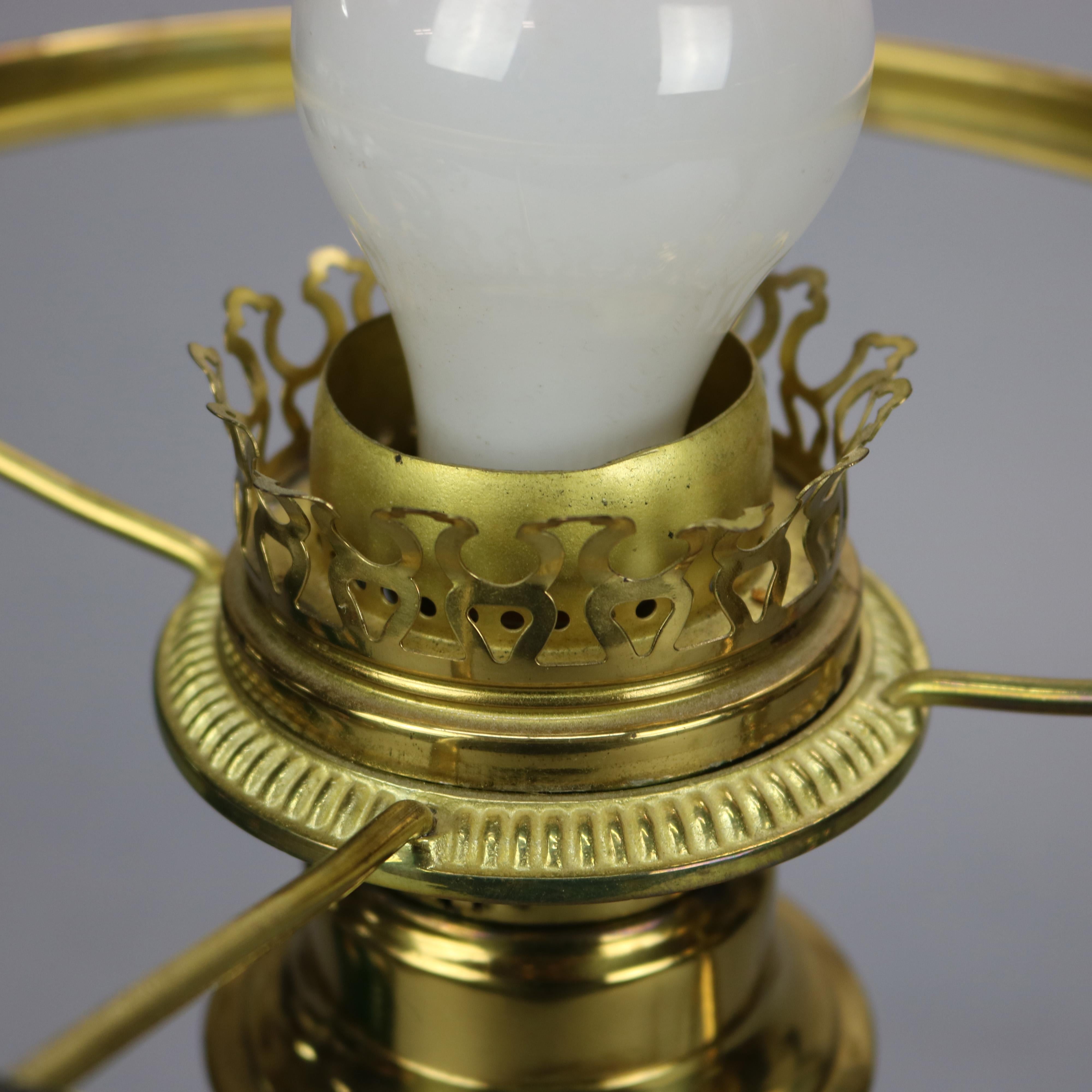 Antique Harvard School Brass Student Lamp with Decorated Green Cased Glass Shade 3
