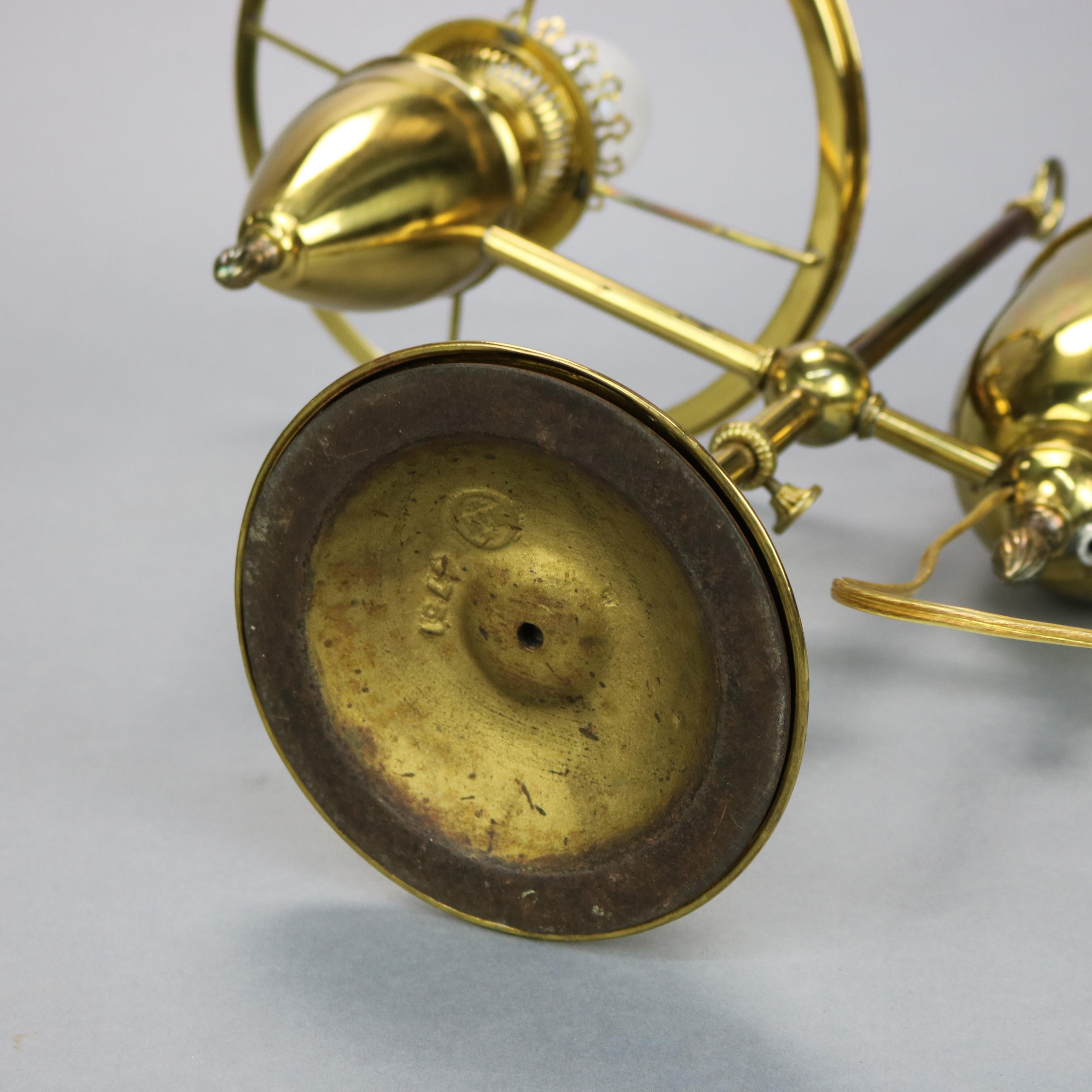 Antique Harvard School Brass Student Lamp with Decorated Green Cased Glass Shade 4