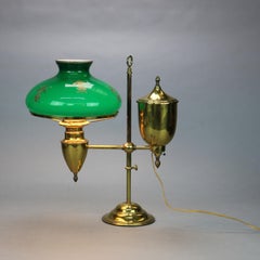 Antique Harvard School Brass Student Lamp with Decorated Green Cased Glass Shade