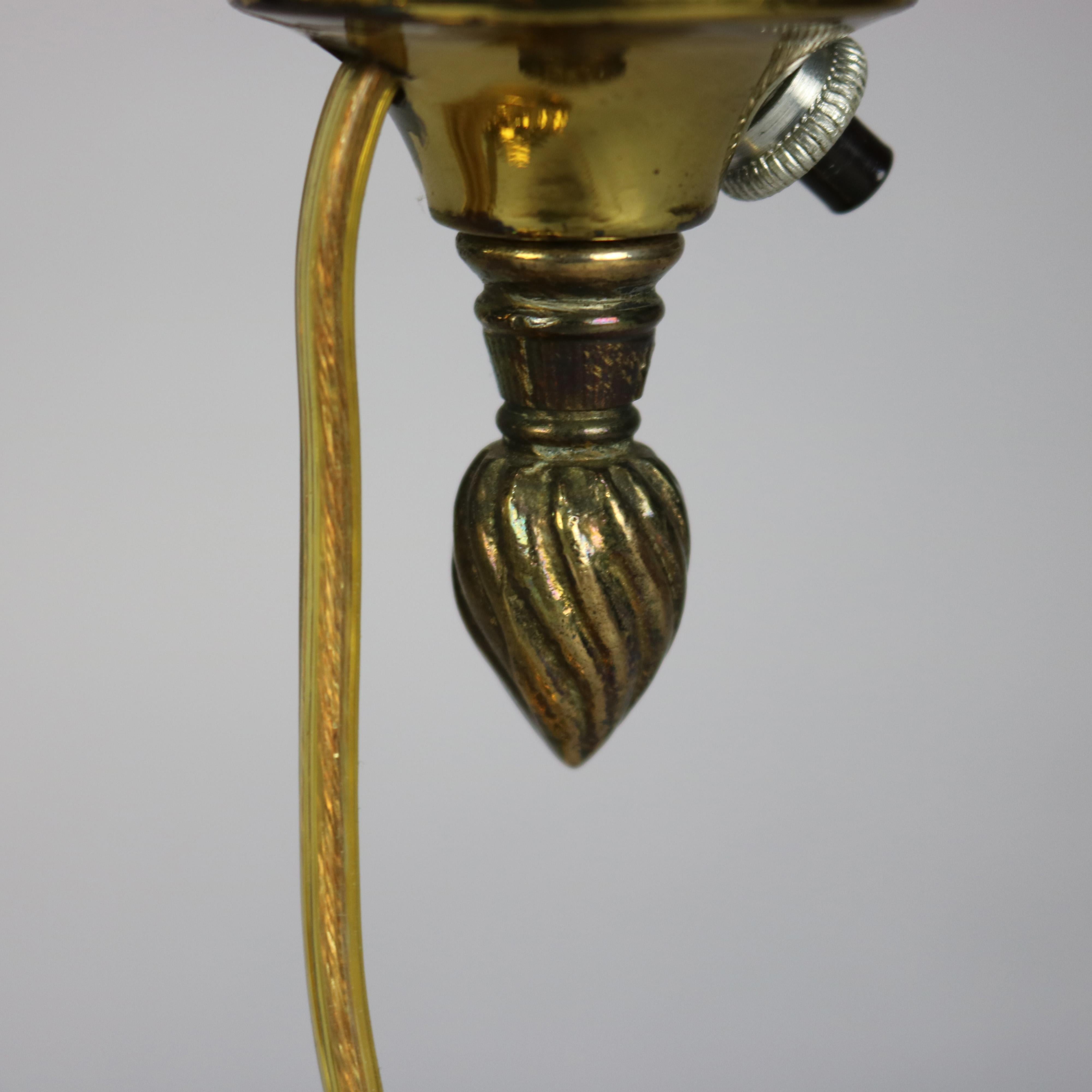 American Antique Harvard School Brass Student Lamp with Decorated Green Cased Glass Shade