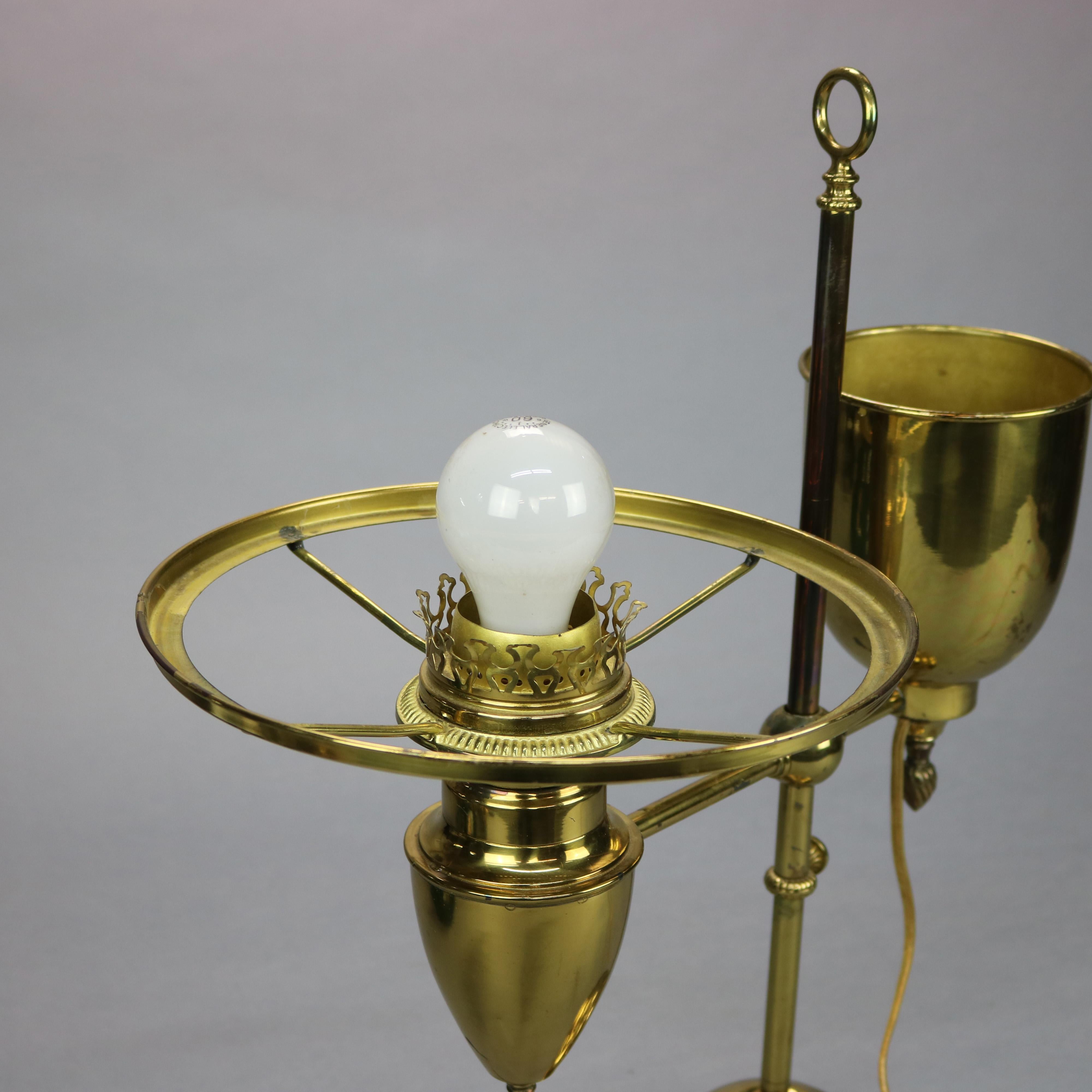 20th Century Antique Harvard School Brass Student Lamp with Decorated Green Cased Glass Shade