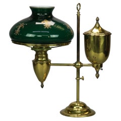 Antique Harvard School Brass Student Lamp with Decorated Green Cased Glass Shade