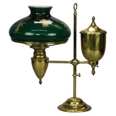 Vintage Harvard School Brass Student Lamp with Decorated Green Cased Glass Shade