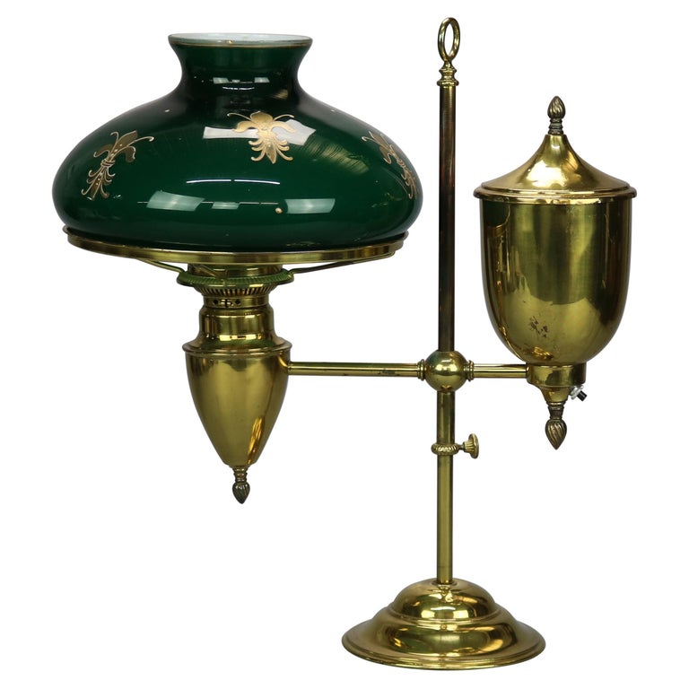 Antique Harvard School Brass Student Lamp with Decorated Green Cased Glass  Shade at 1stDibs | vintage brass student lamp