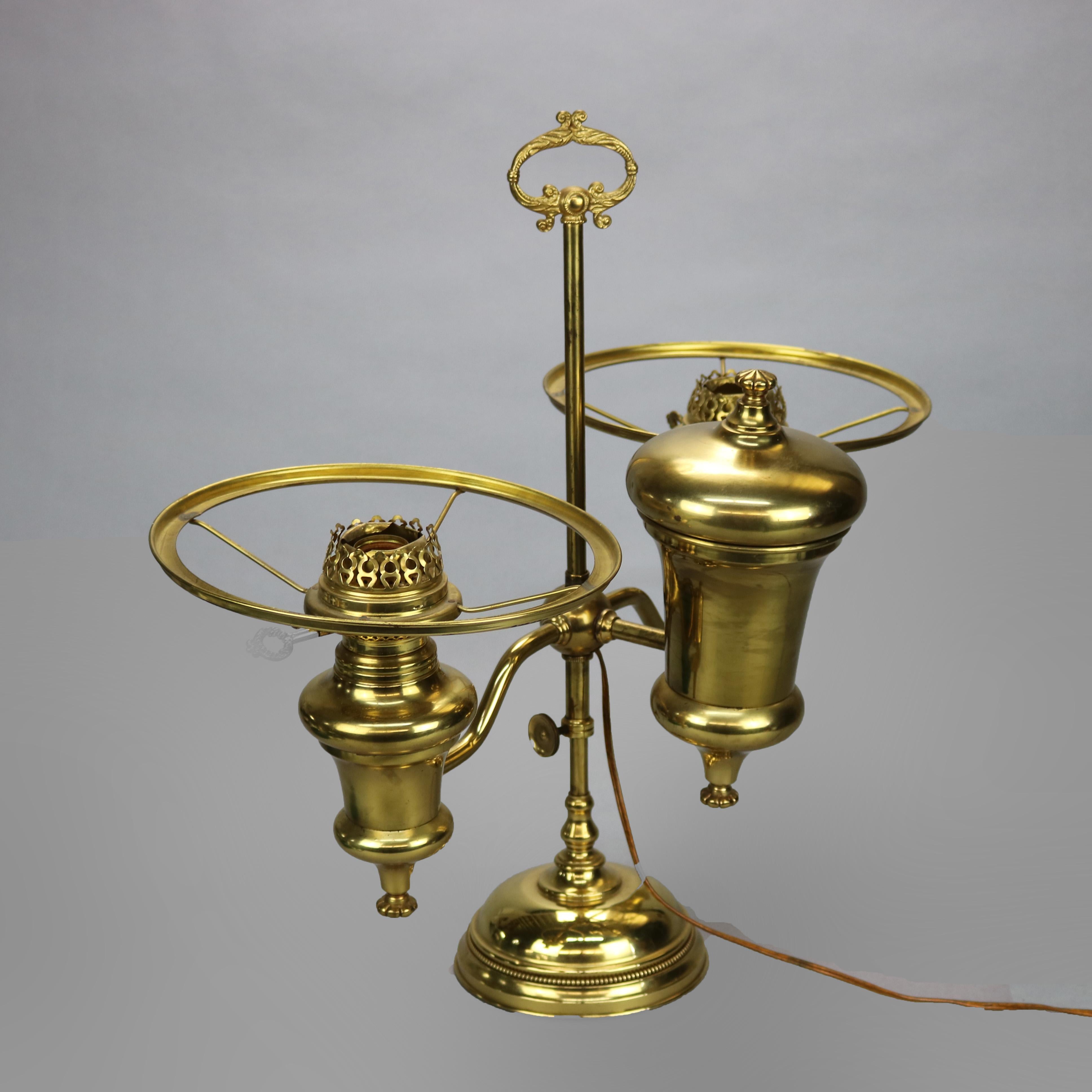 Antique Harvard School Double Student Lamp with Green Cased Glass Shades, c1890 5