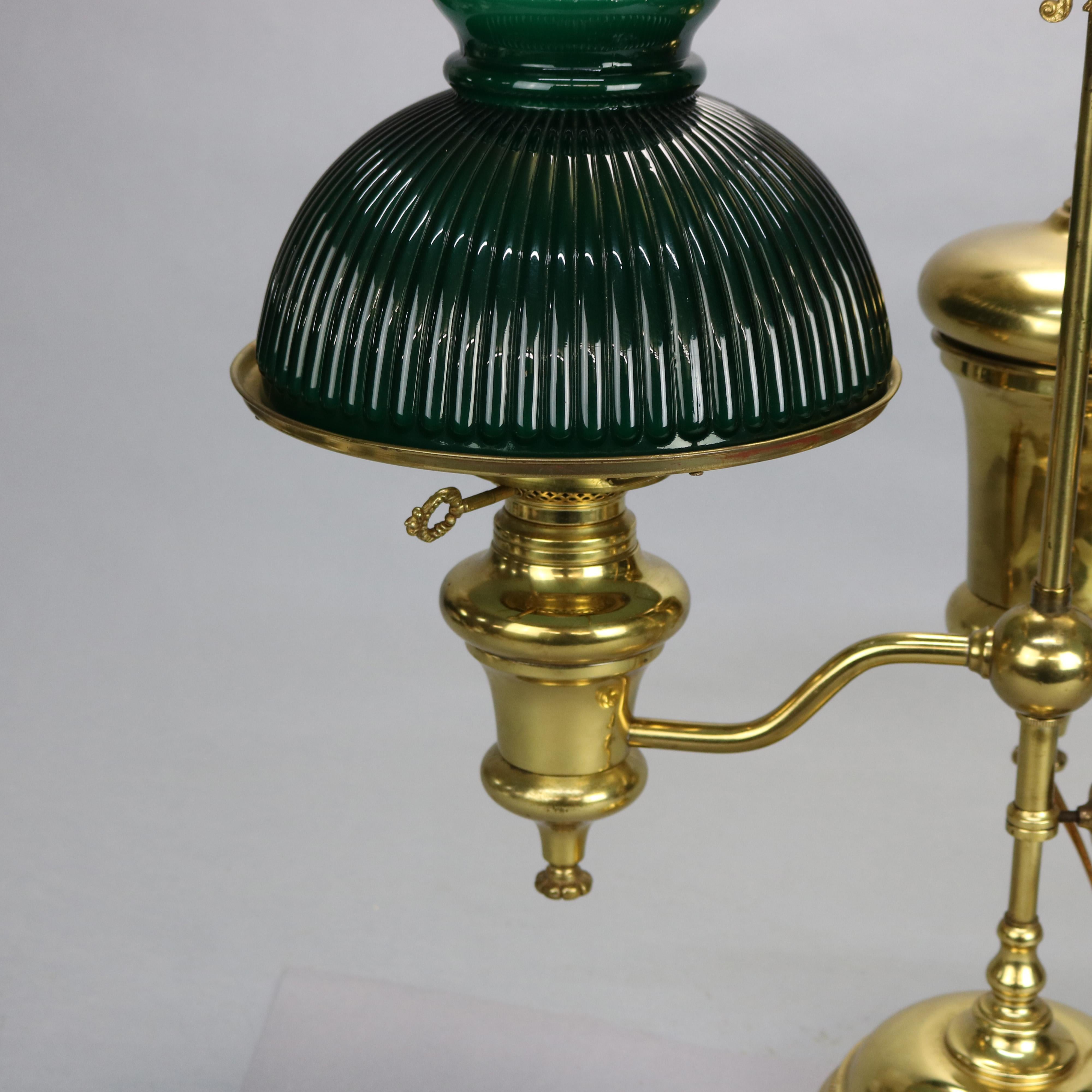 American Antique Harvard School Double Student Lamp with Green Cased Glass Shades, c1890