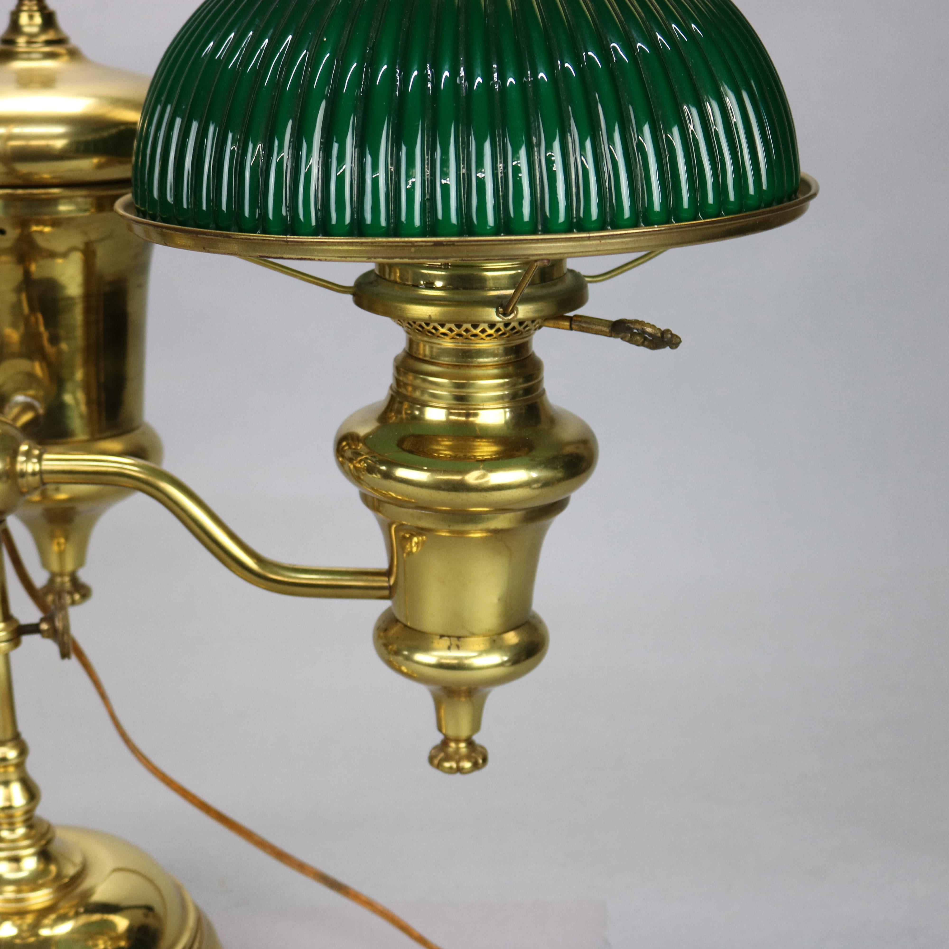 Cast Antique Harvard School Double Student Lamp with Green Cased Glass Shades, c1890