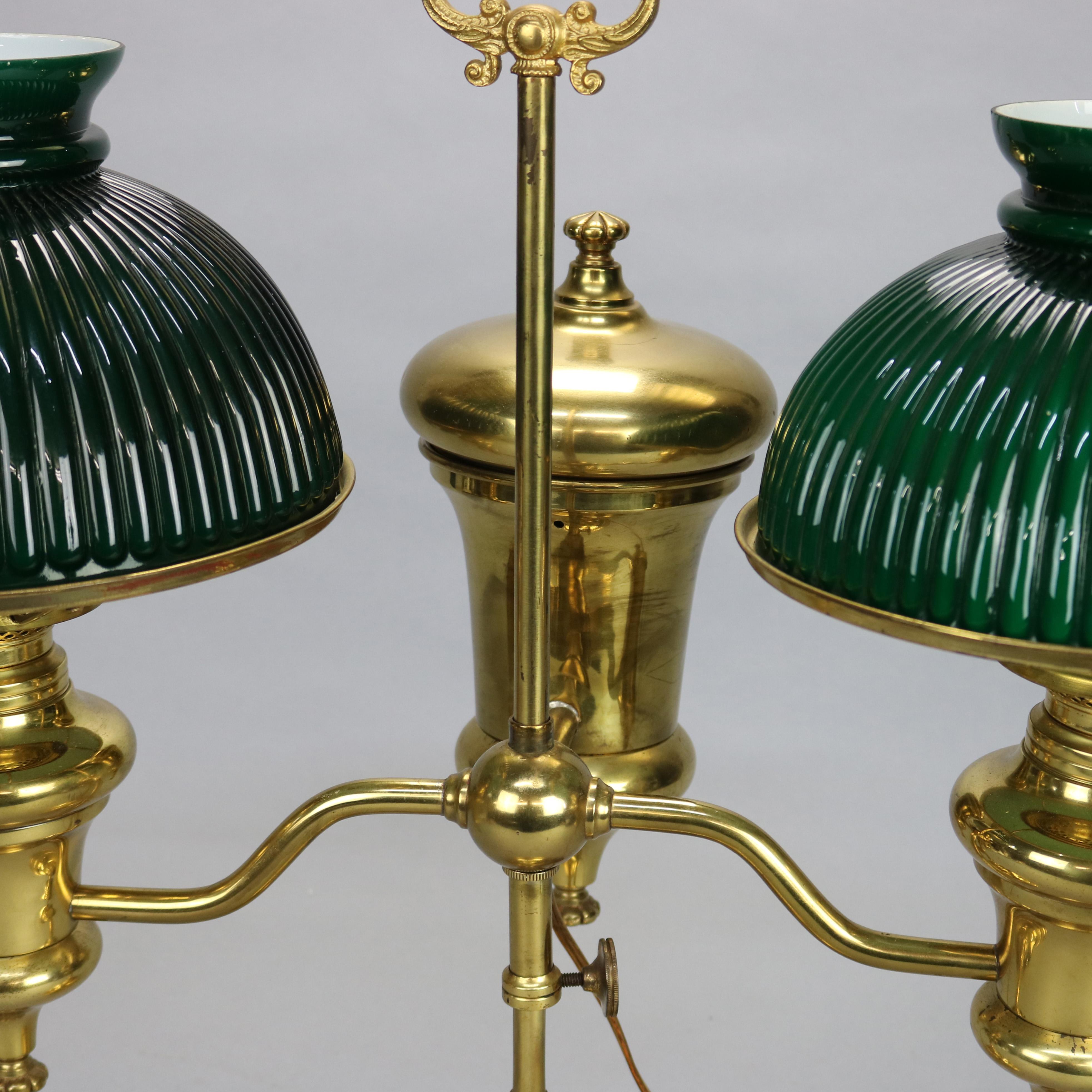 Antique Harvard School Double Student Lamp with Green Cased Glass Shades, c1890 In Good Condition In Big Flats, NY