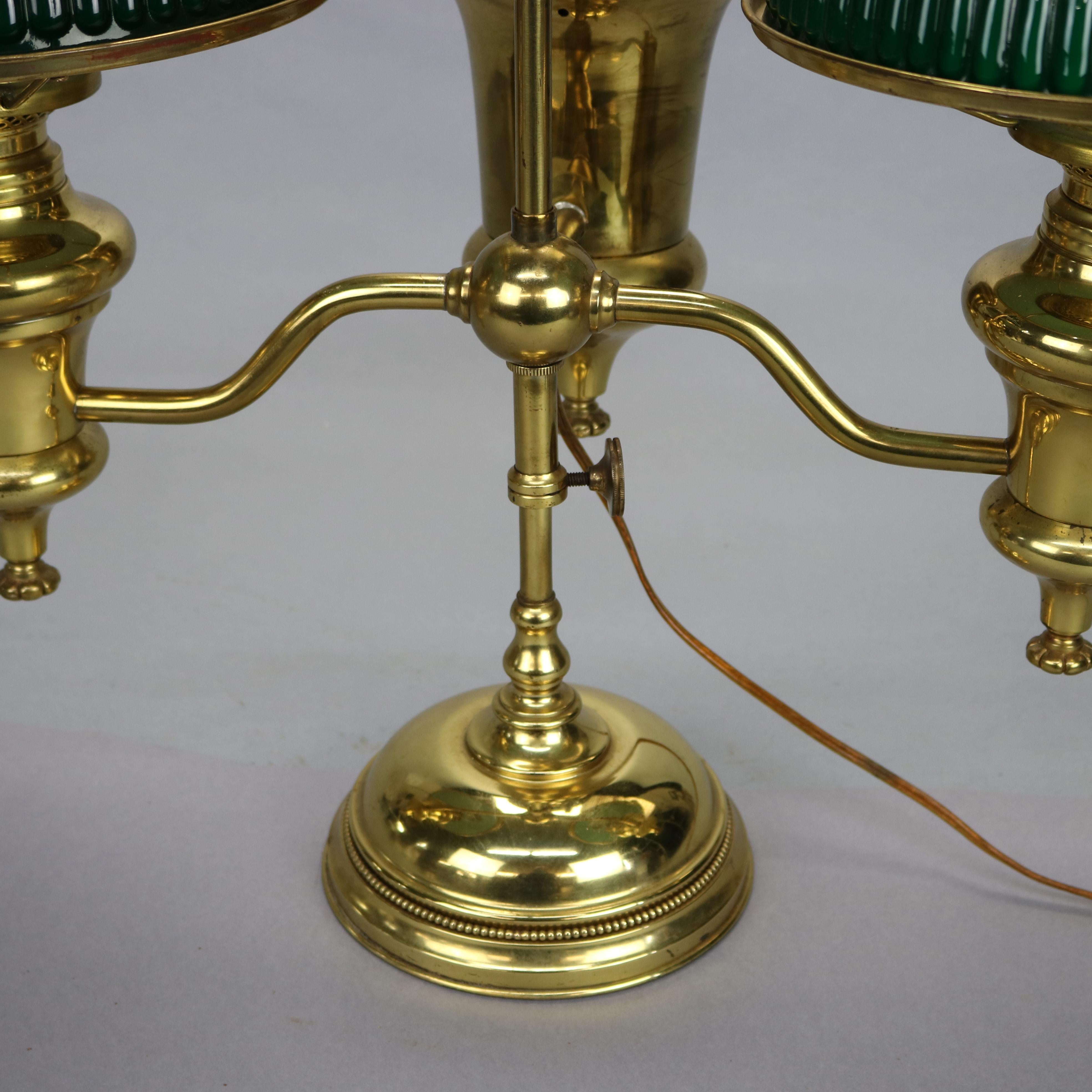 19th Century Antique Harvard School Double Student Lamp with Green Cased Glass Shades, c1890