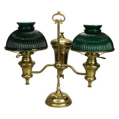Antique Harvard School Double Student Lamp with Green Cased Glass Shades, c1890