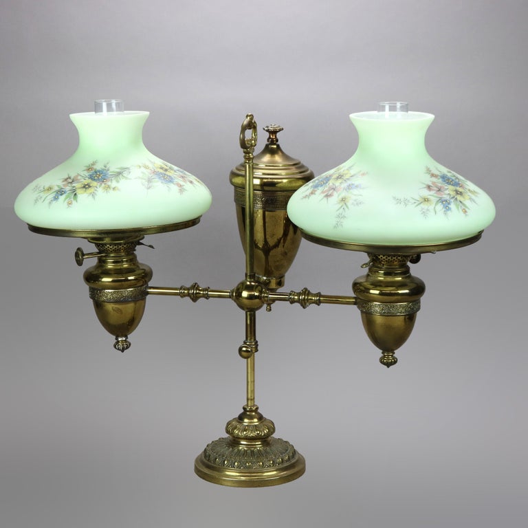 Antique Harvard School Duplex Brass Double Student Oil Lamp, c1890 at