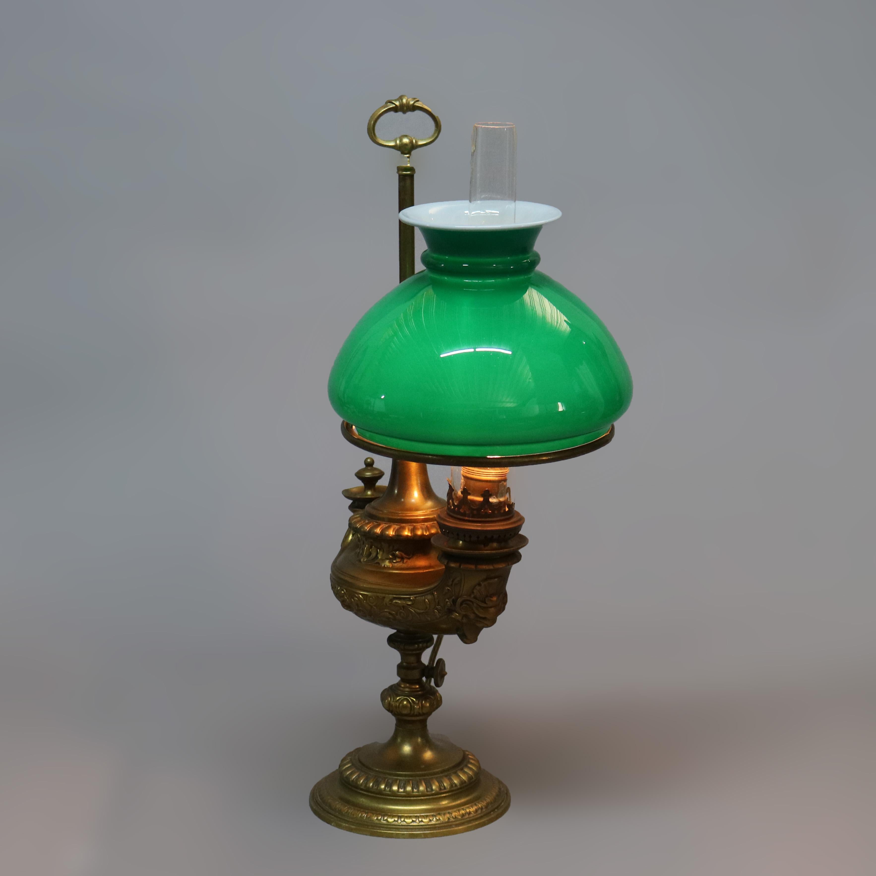Antique Harvard Student Lamp with Emeralite Shade Alladin Lamp Form 19th Century In Good Condition In Big Flats, NY