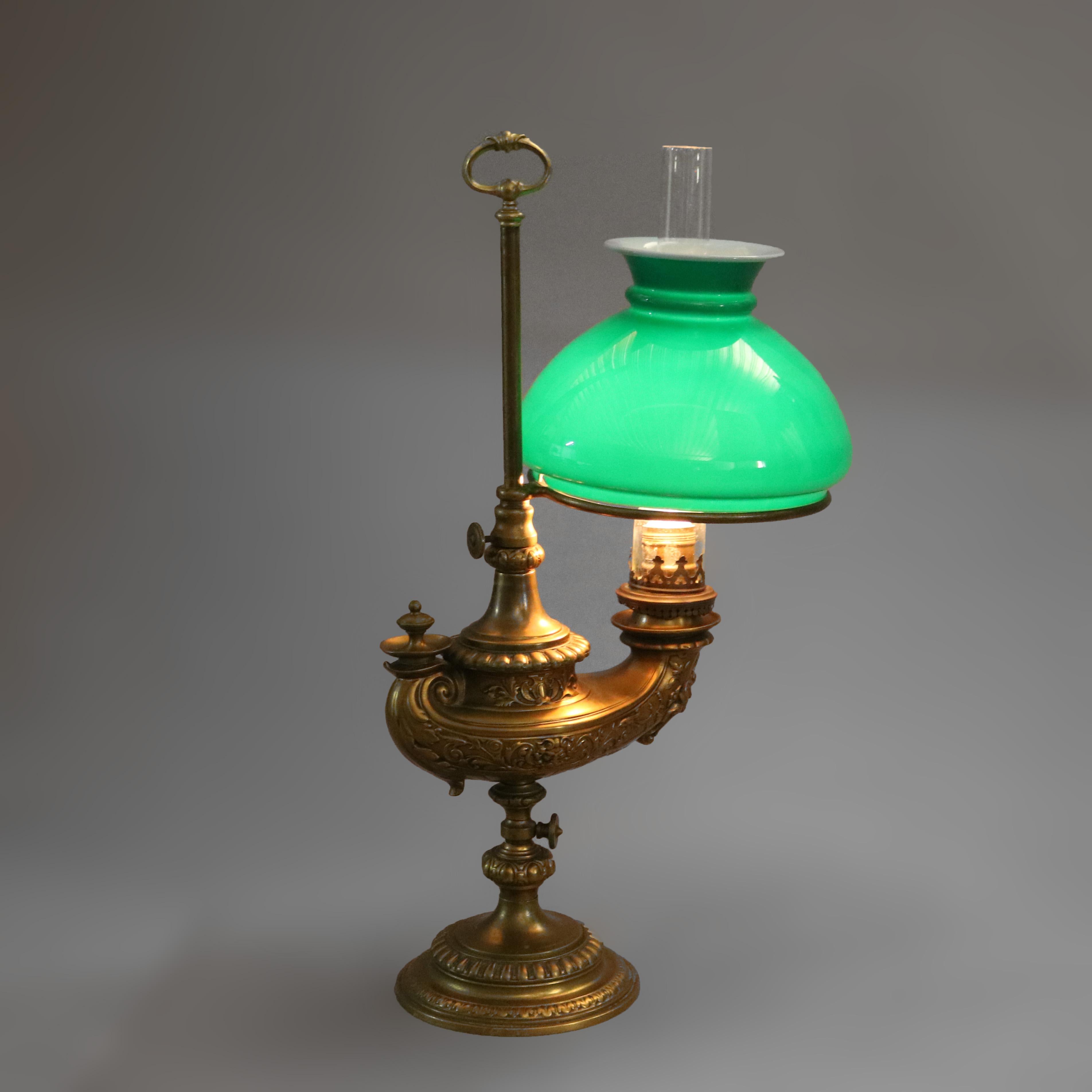 Brass Antique Harvard Student Lamp with Emeralite Shade Alladin Lamp Form 19th Century
