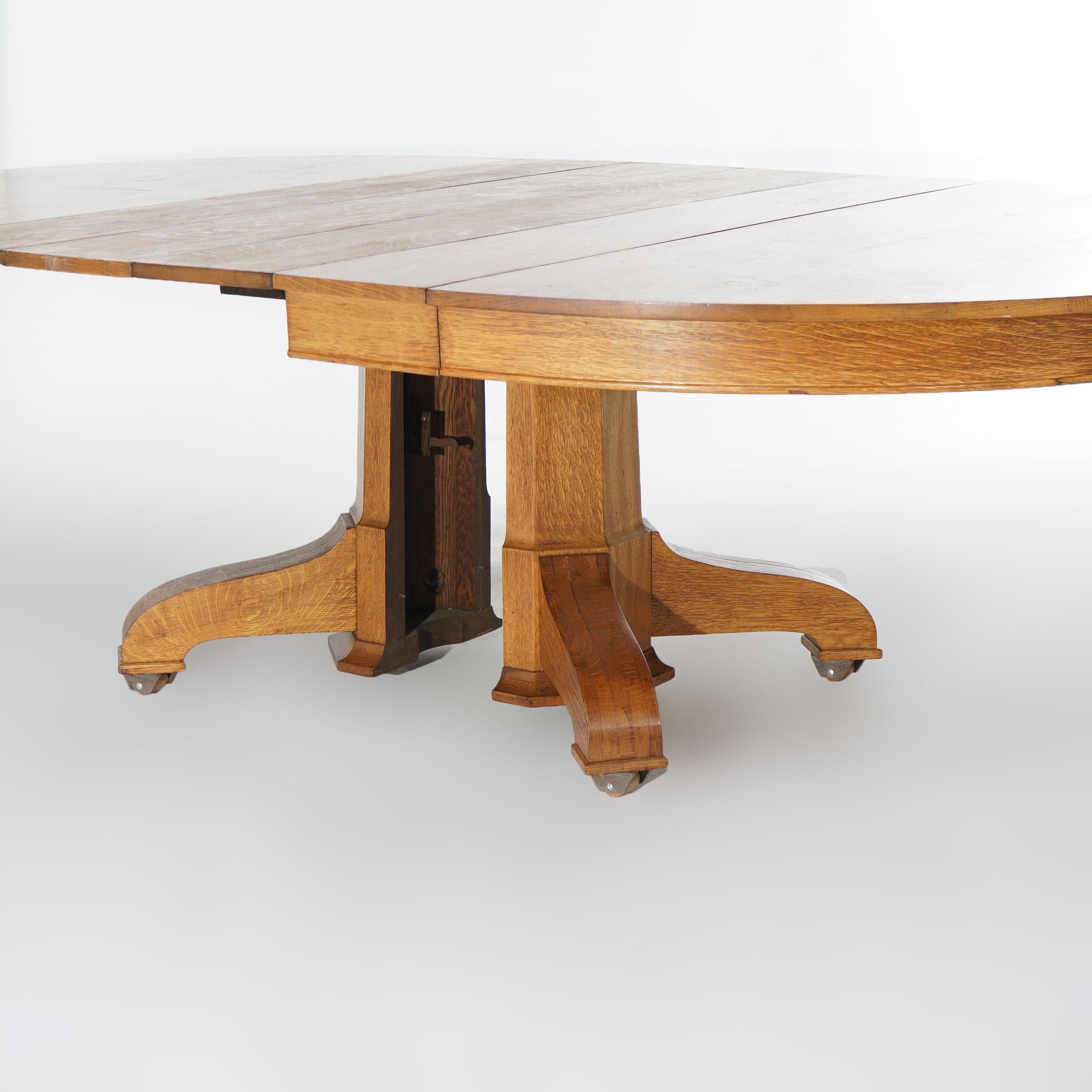 Antique Hastings Arts & Crafts Mission Quarter Sawn Oak Pedestal Table& 4 Leaves 4