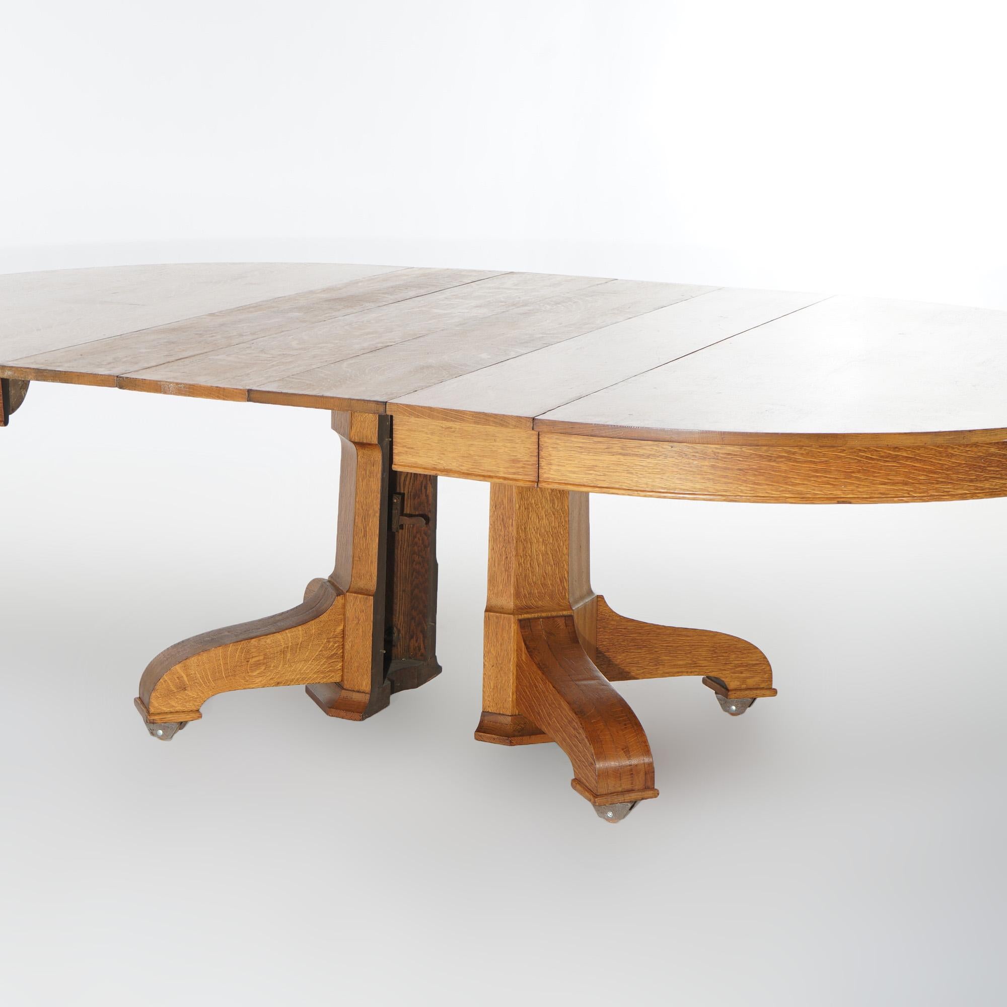 Antique Hastings Arts & Crafts Mission Quarter Sawn Oak Pedestal Table& 4 Leaves 5