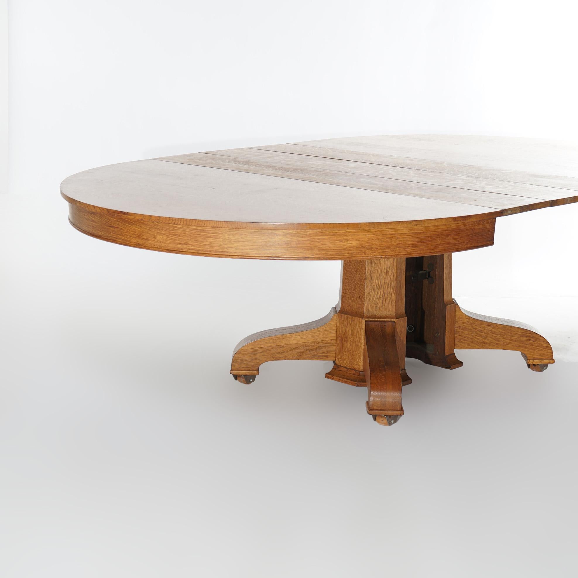 Antique Hastings Arts & Crafts Mission Quarter Sawn Oak Pedestal Table& 4 Leaves 6