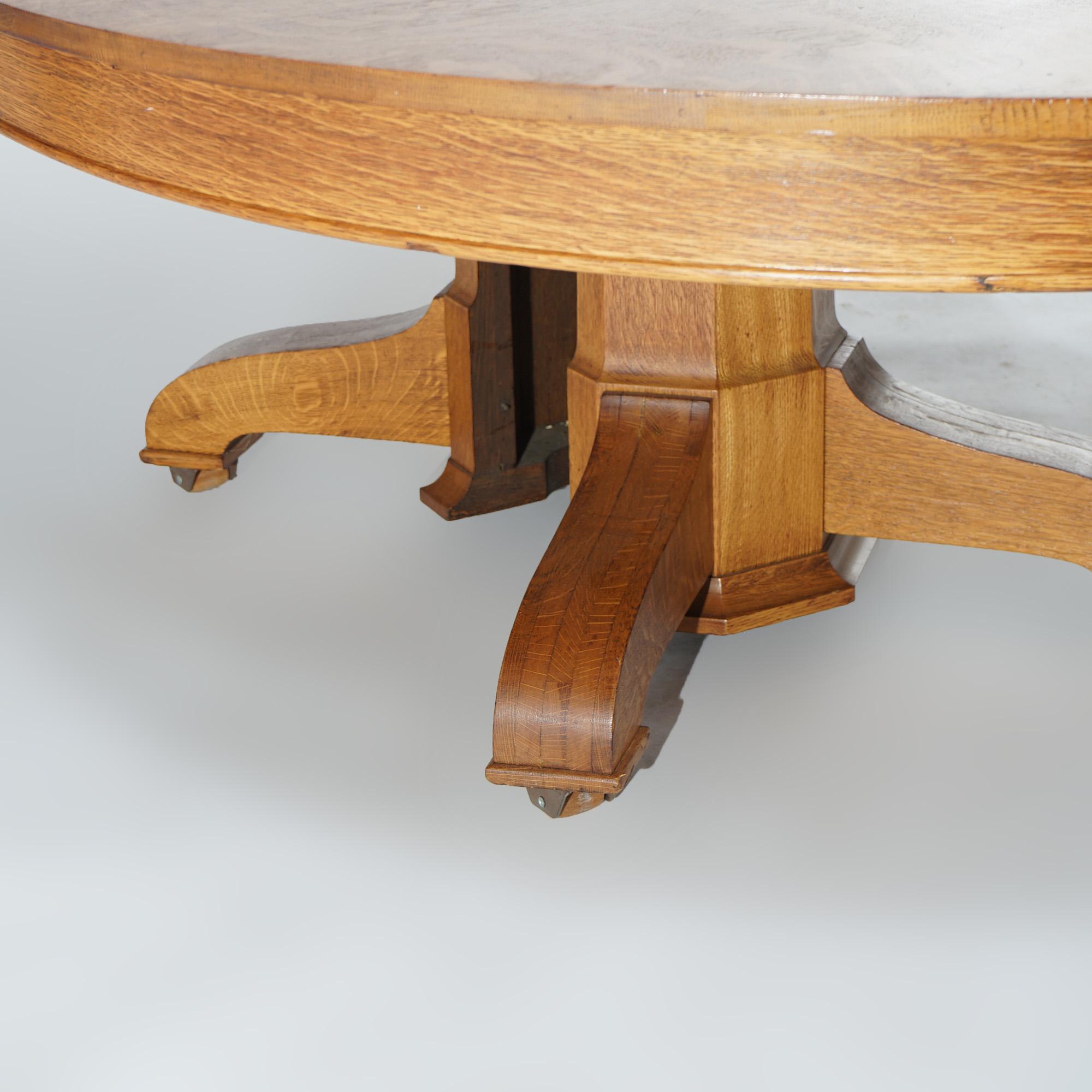 Antique Hastings Arts & Crafts Mission Quarter Sawn Oak Pedestal Table& 4 Leaves In Good Condition In Big Flats, NY
