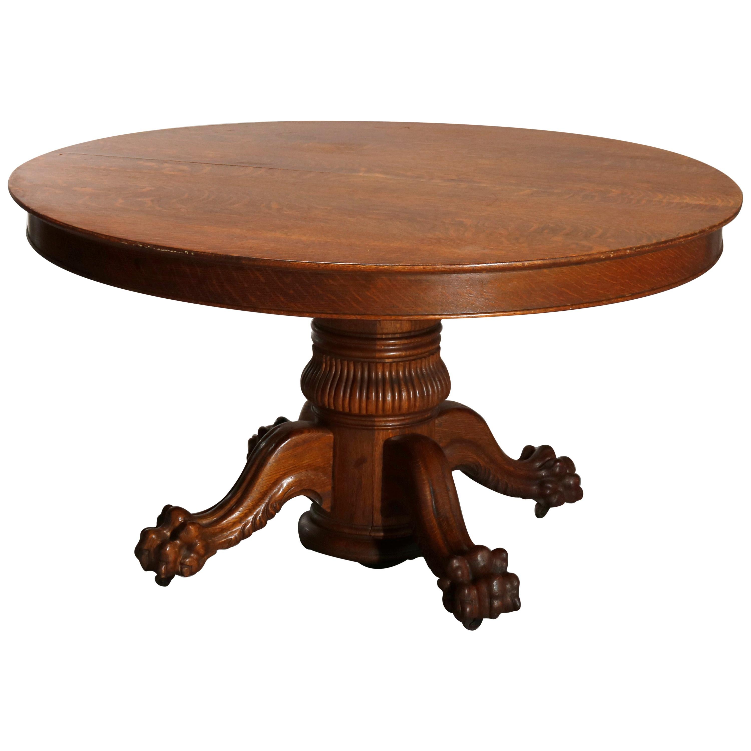 Antique Hastings Carved Oak Claw Foot Split Pedestal Dining Table, circa 1910
