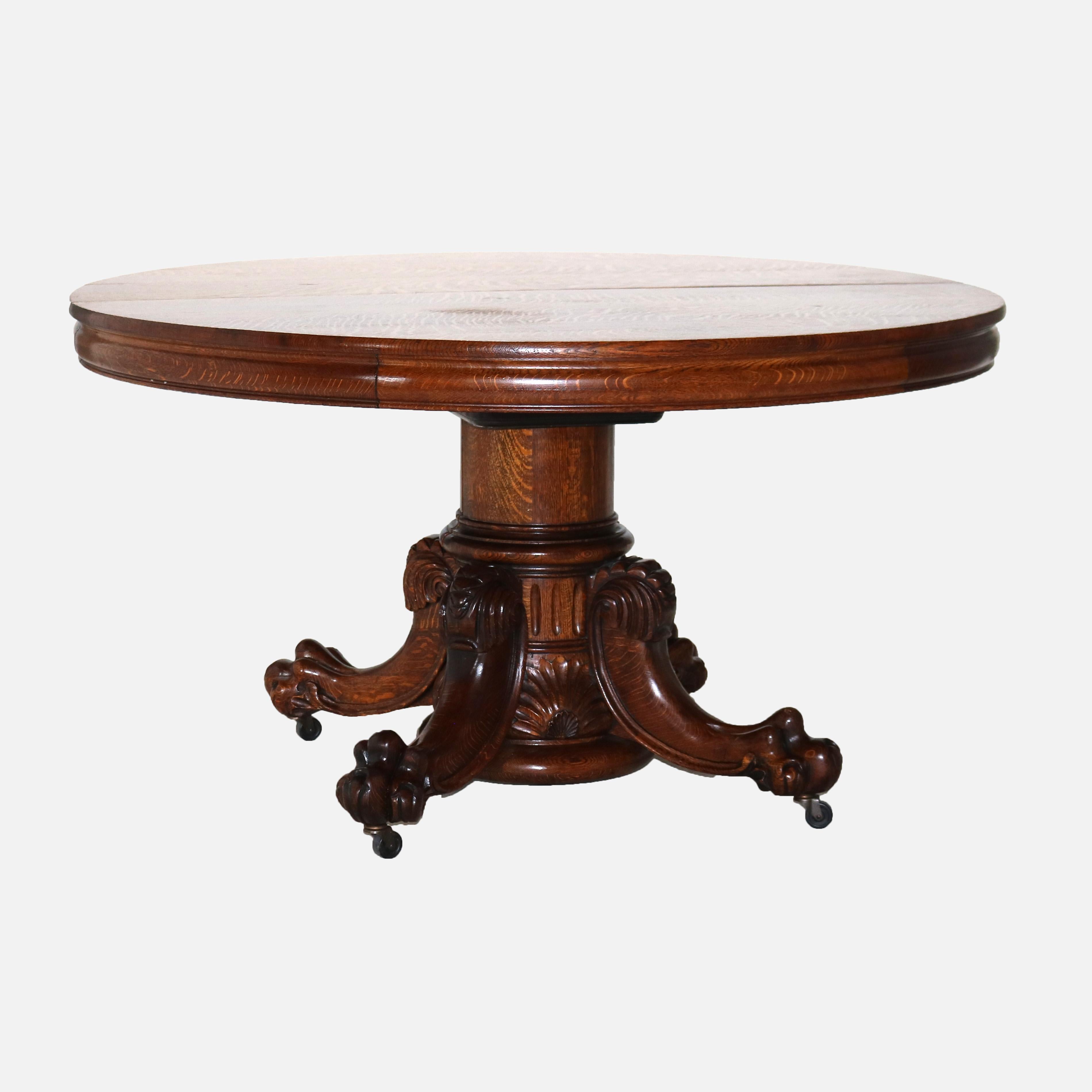 Antique Hastings Carved Oak Clawfoot Dining Table with Three Leaves C1910 6