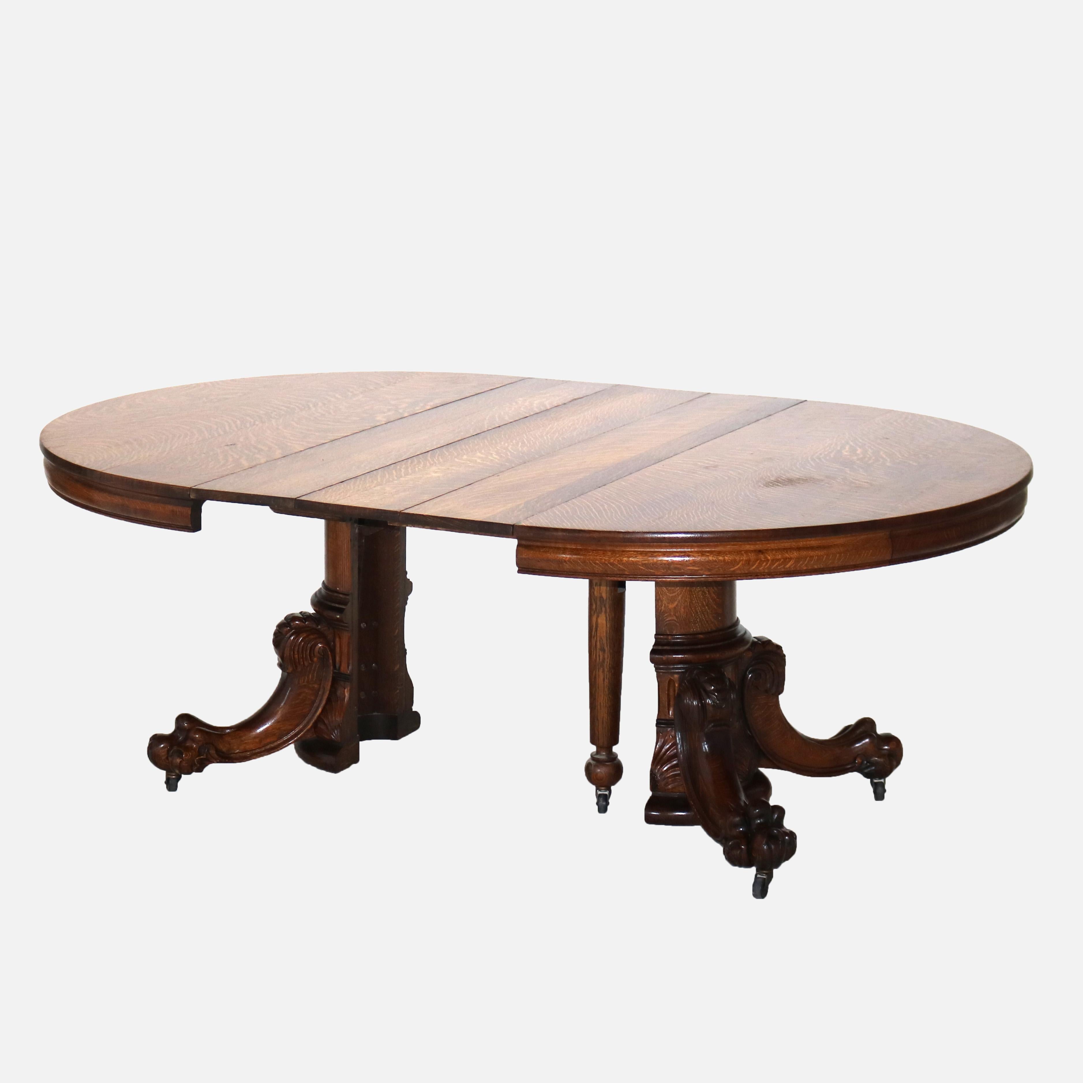 Antique Hastings Carved Oak Clawfoot Dining Table with Three Leaves C1910 In Good Condition In Big Flats, NY
