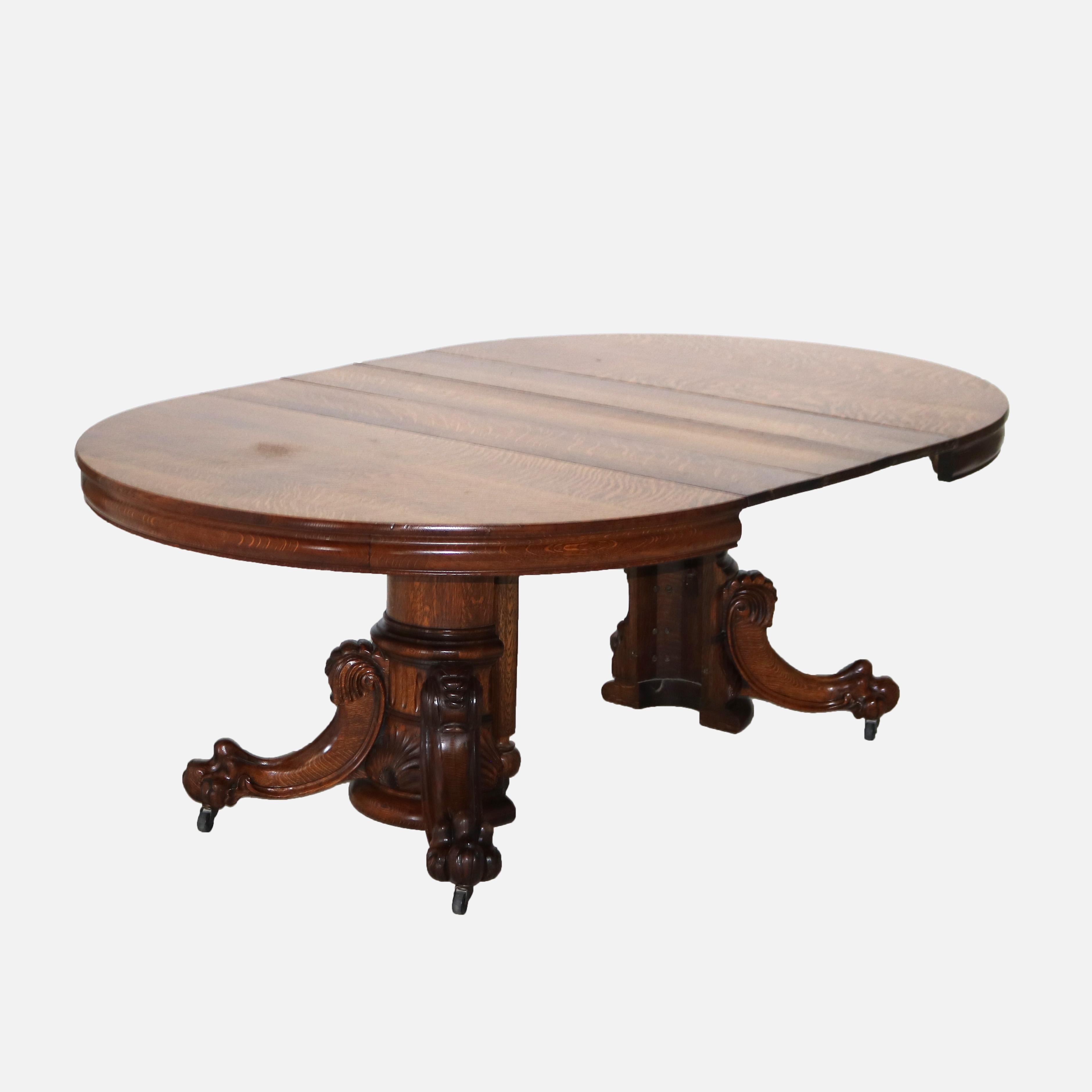Antique Hastings Carved Oak Clawfoot Dining Table with Three Leaves C1910 3