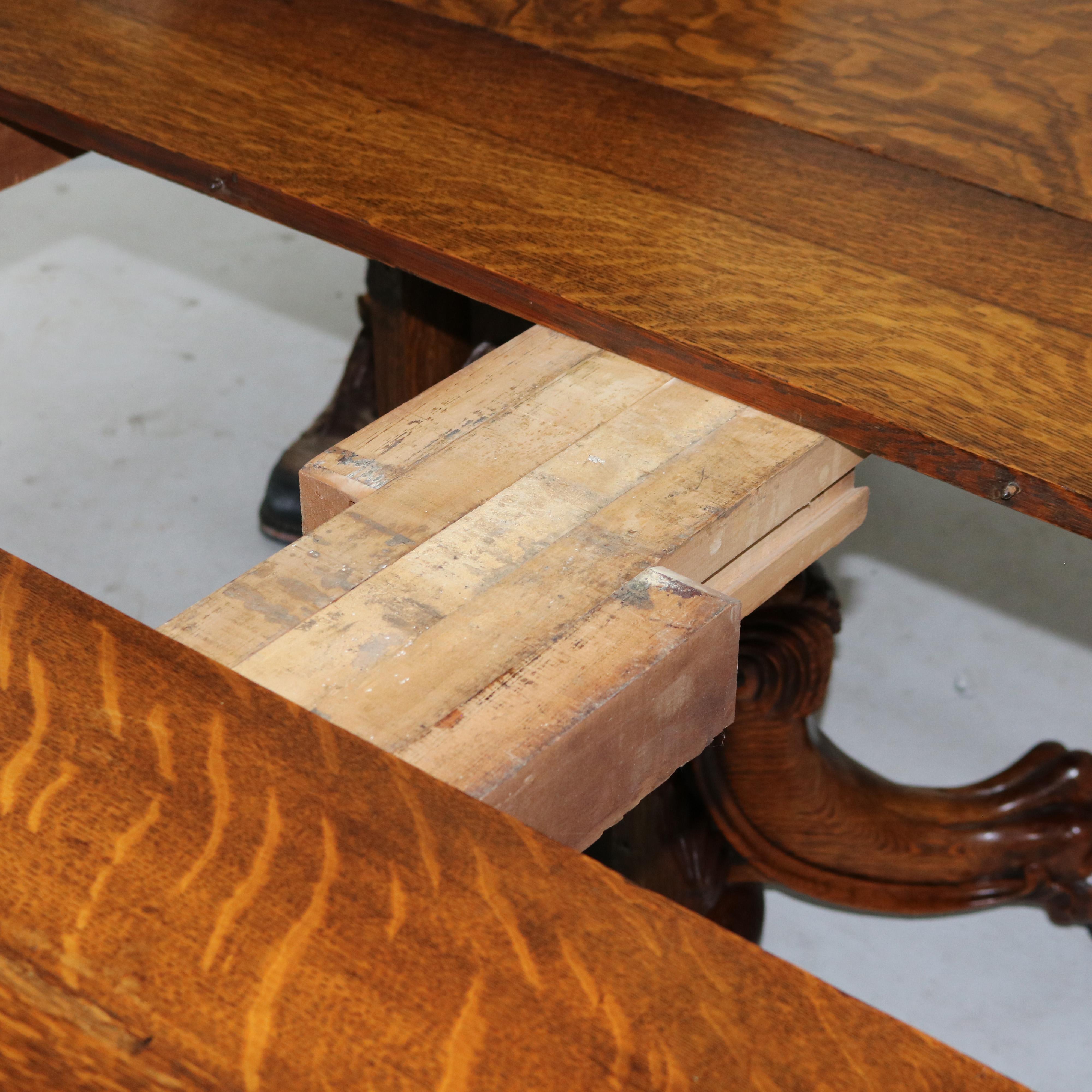 Antique Hastings Carved Oak Clawfoot Dining Table with Three Leaves C1910 4