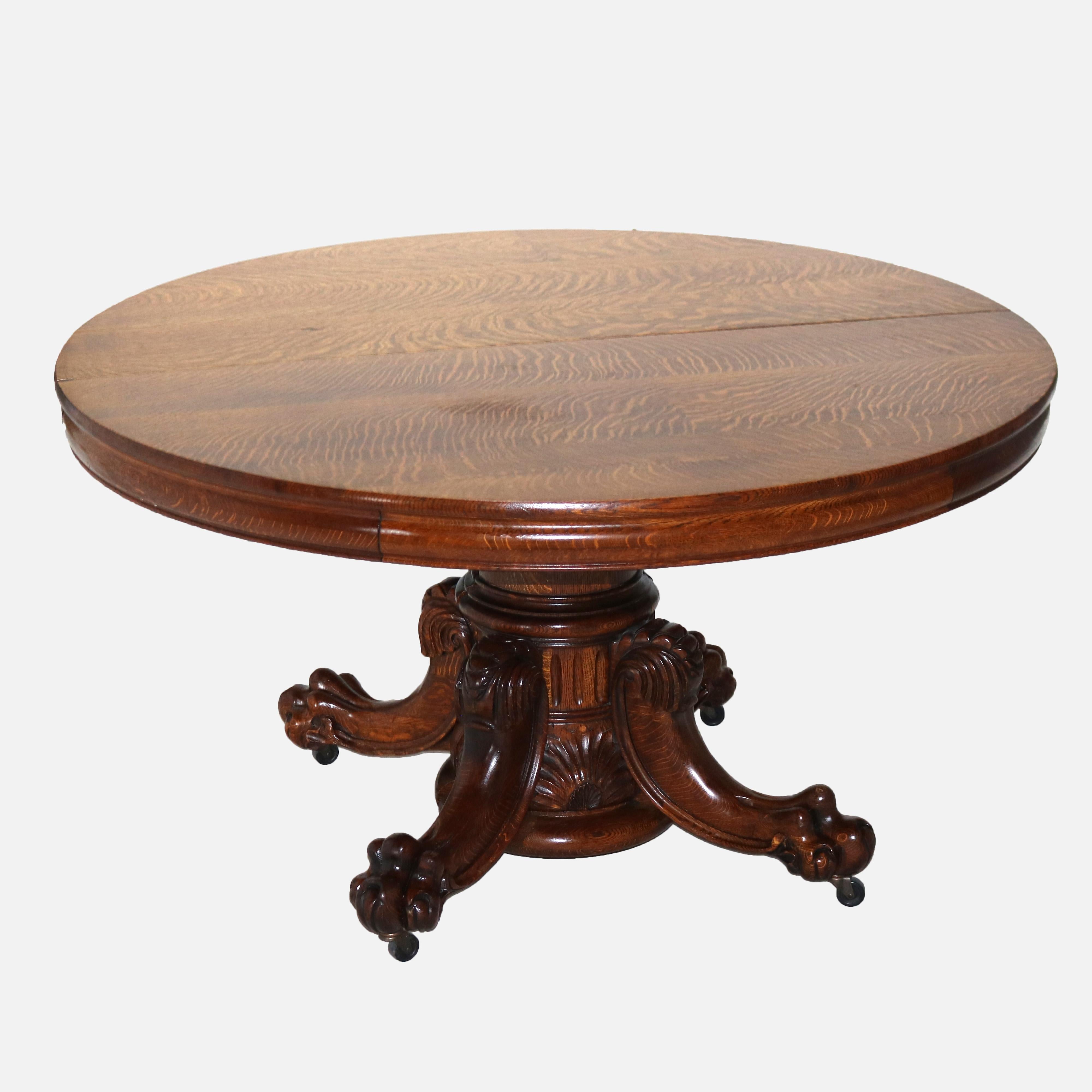 Antique Hastings Carved Oak Clawfoot Dining Table with Three Leaves C1910 5