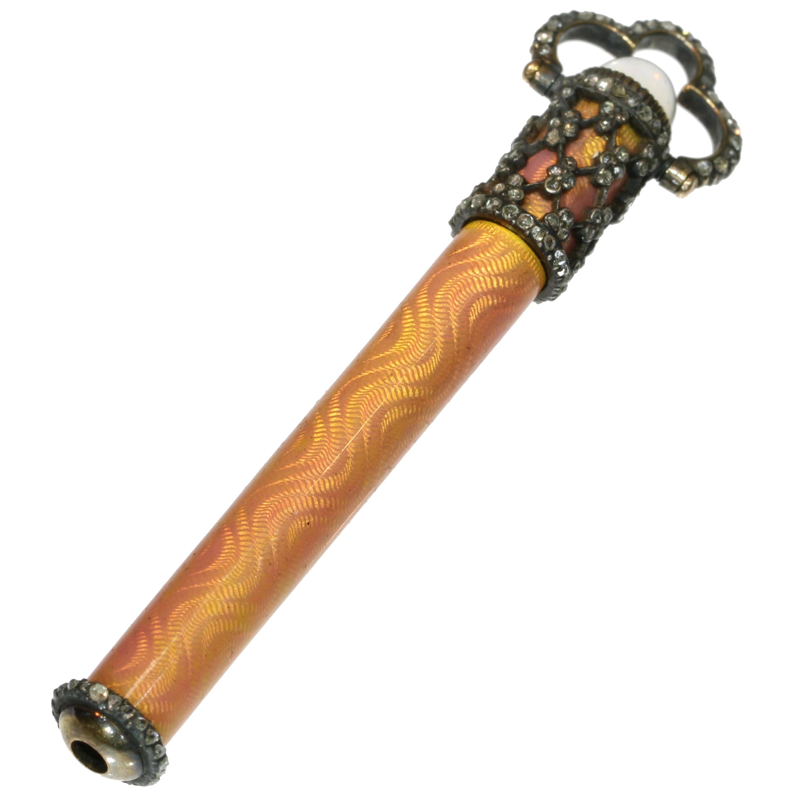 Antique Haute Joaillerie Gold Enamel Pencil with Diamonds and Moonstone, 1880s For Sale