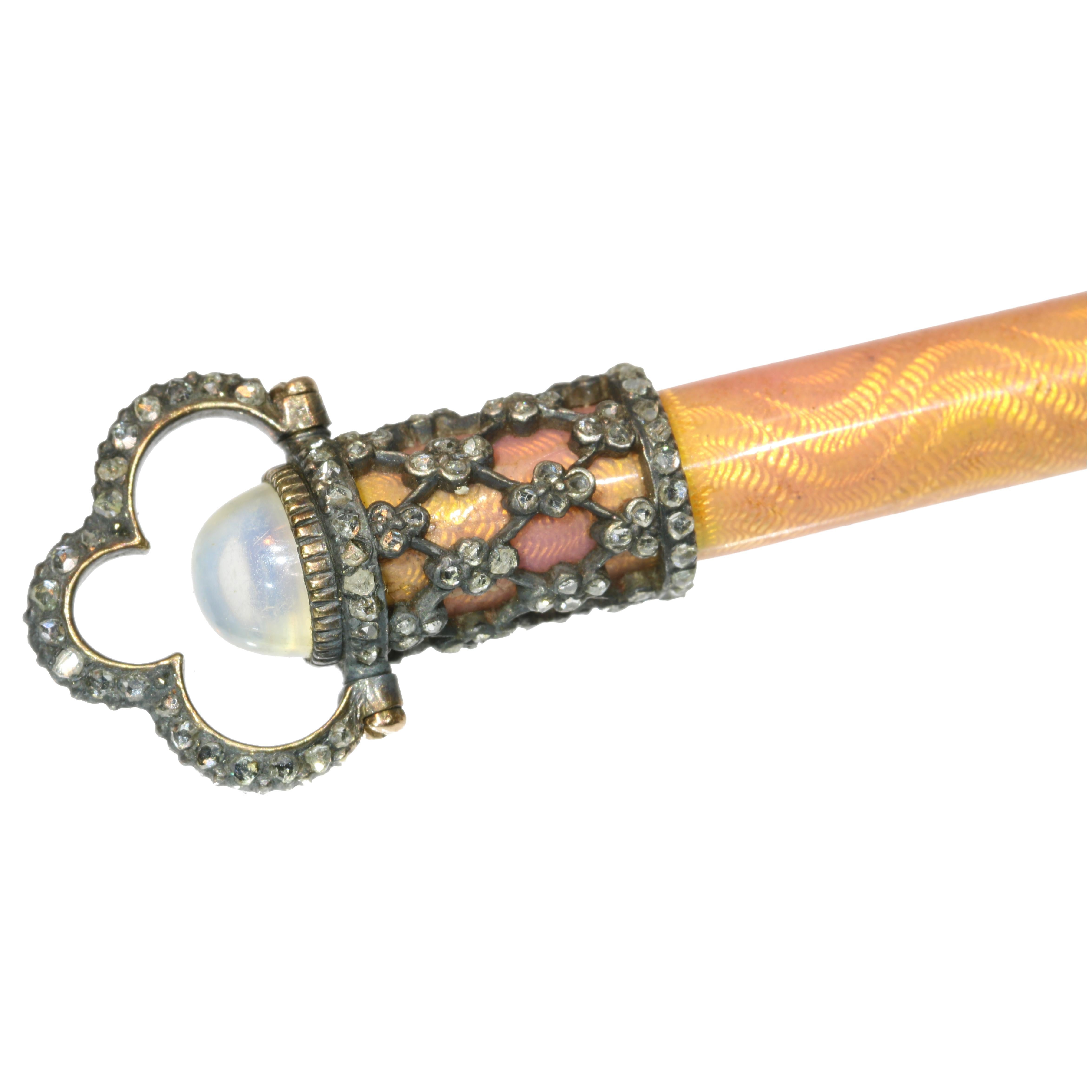 Victorian Antique Haute Joaillerie Gold Enamel Pencil with Diamonds and Moonstone, 1880s For Sale