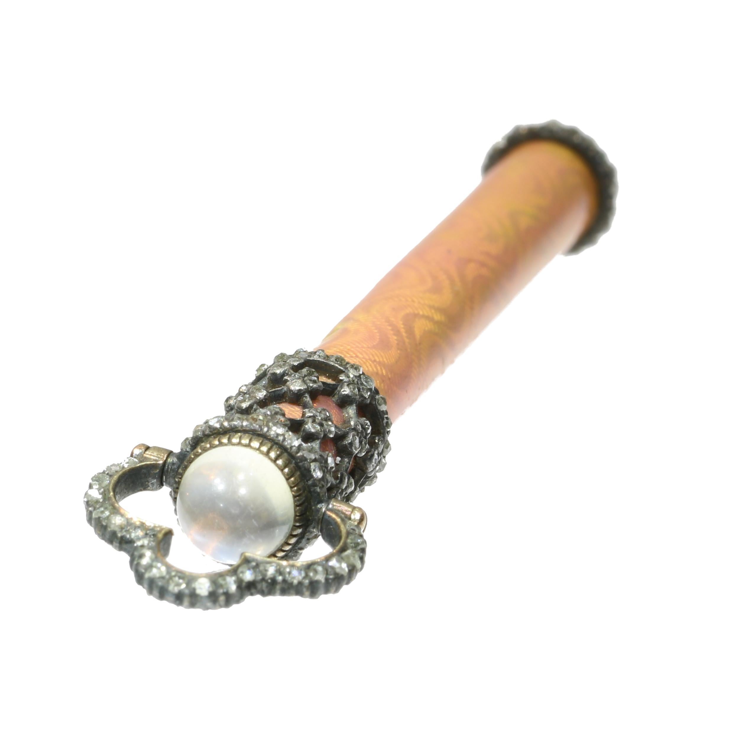 Women's or Men's Antique Haute Joaillerie Gold Enamel Pencil with Diamonds and Moonstone, 1880s For Sale