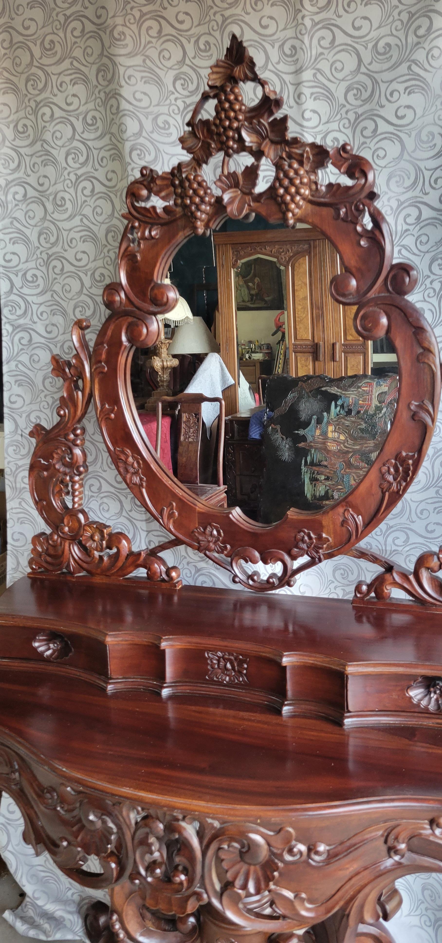 Baroque Antique Gothic Hand-Carved Vanity with Two Drawers and Attached Mirror For Sale