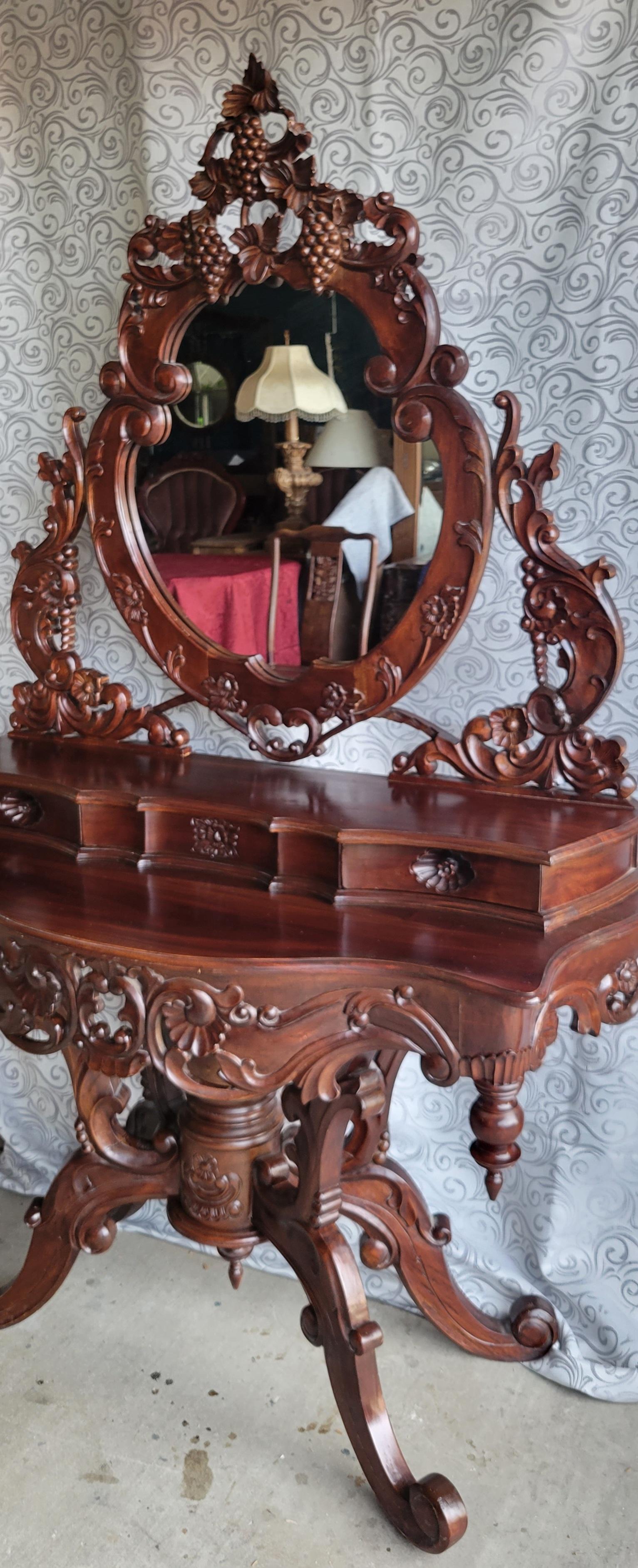 Antique Gothic Hand-Carved Vanity with Two Drawers and Attached Mirror In Good Condition For Sale In Phoenix, AZ