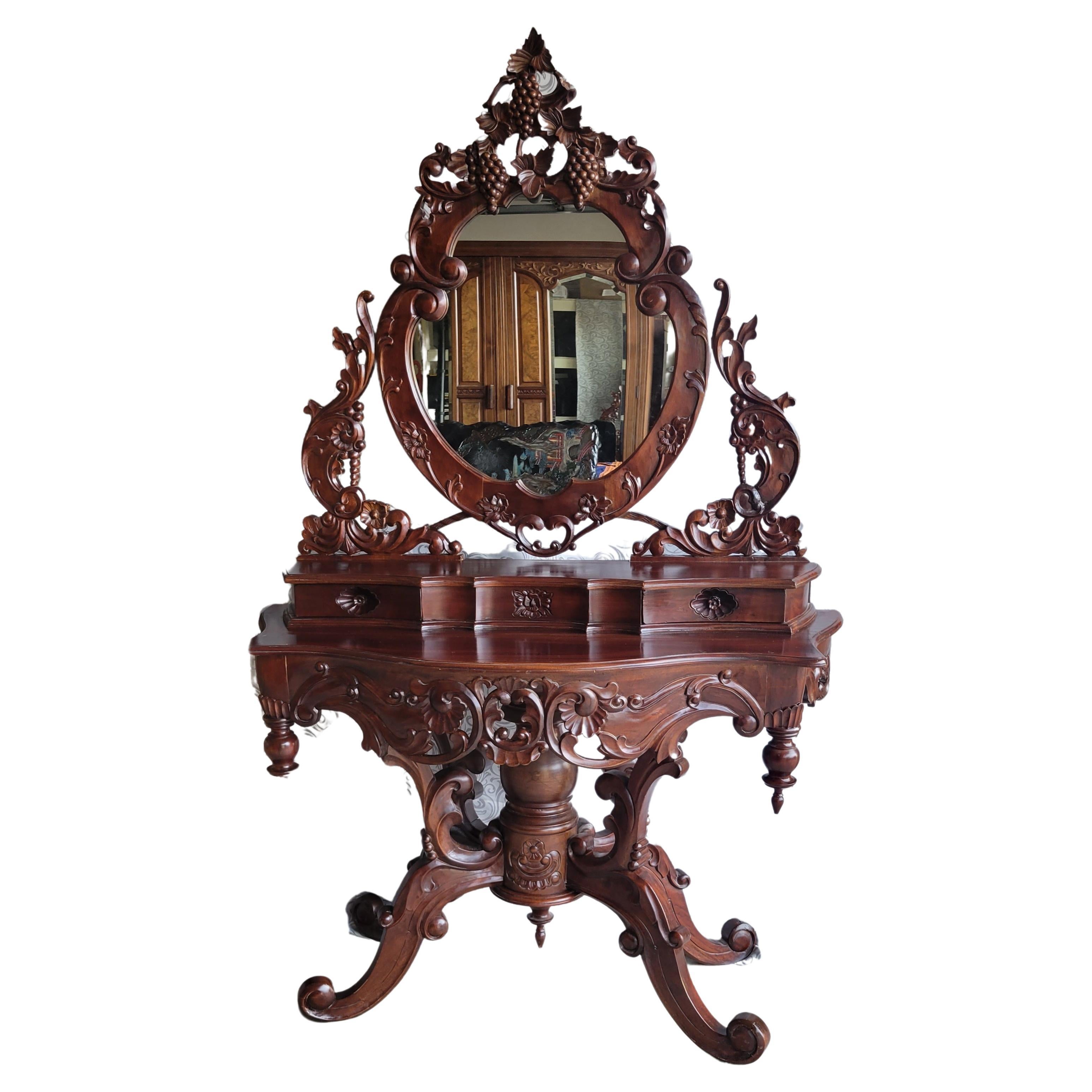 Antique Gothic Hand-Carved Vanity with Two Drawers and Attached Mirror