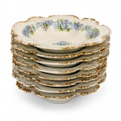 Antique Haviland Limoges Blue Floral Scalloped Porcelain Berry Bowl