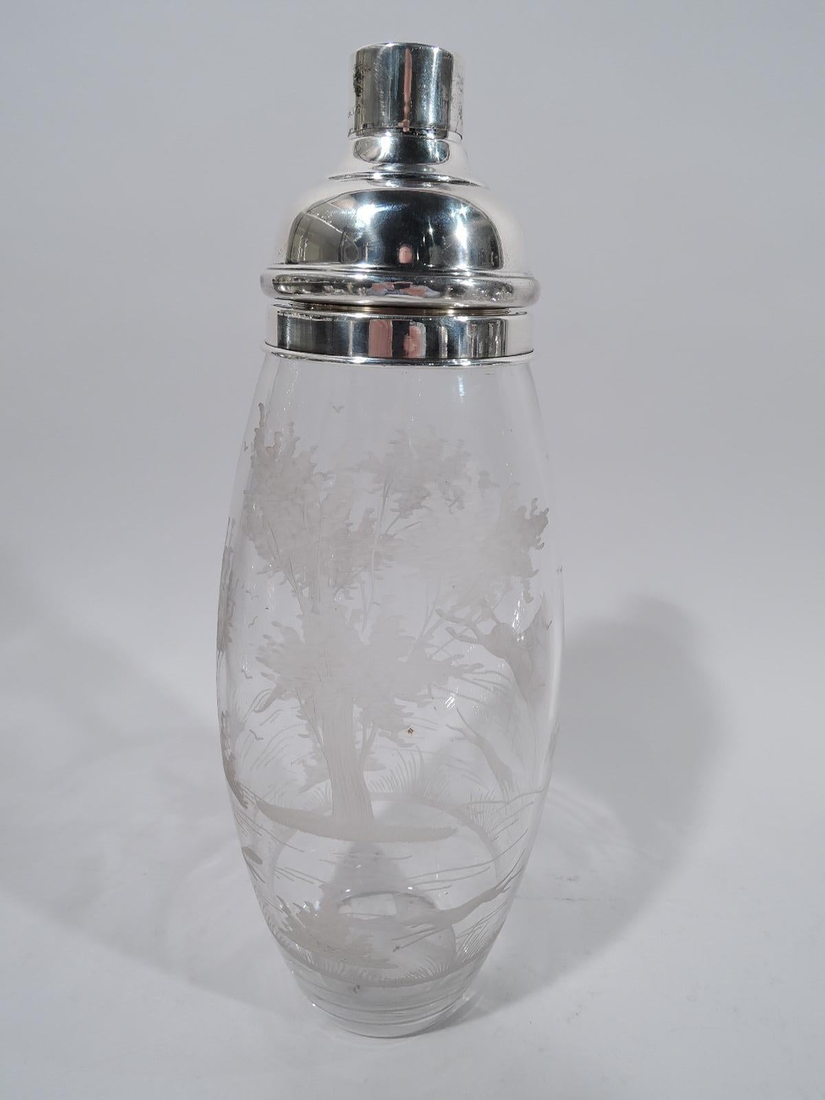 Edwardian Antique Hawkes Glass and Sterling Silver Fox Hunt Cocktail Shaker