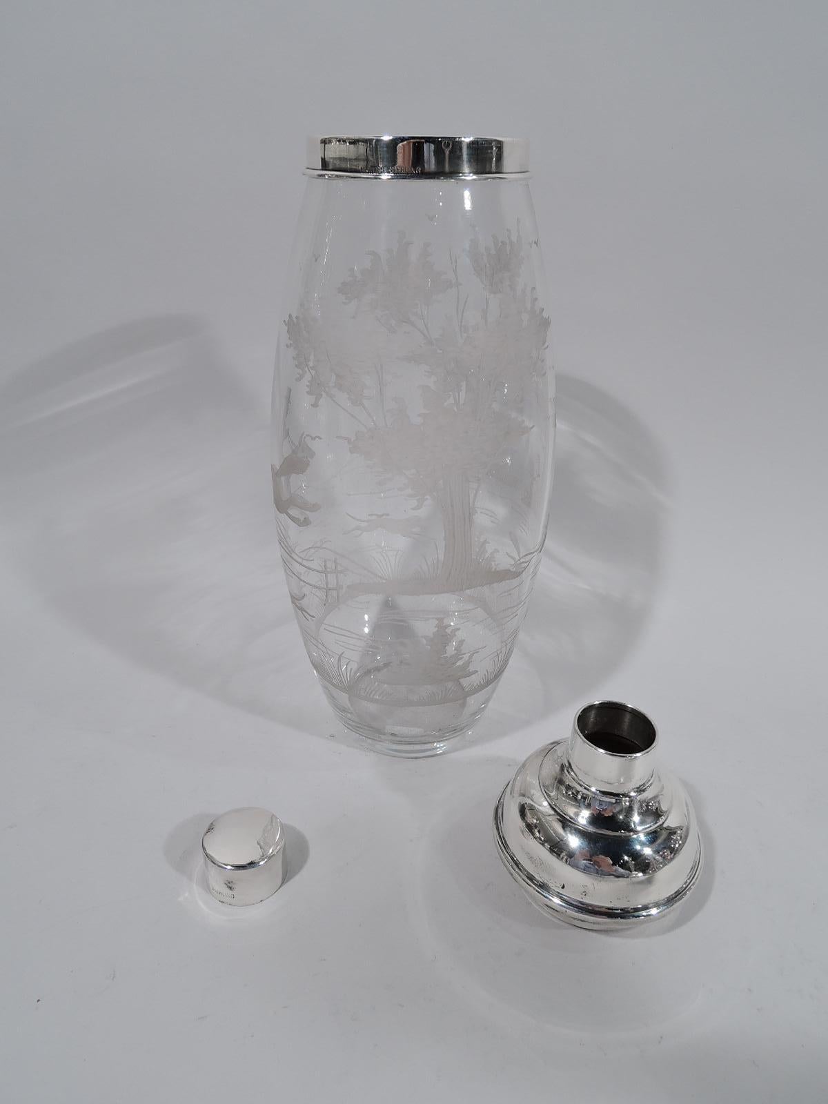 American Antique Hawkes Glass and Sterling Silver Fox Hunt Cocktail Shaker