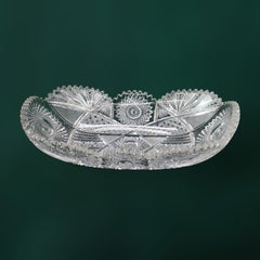 Antique Hawkes School Brilliant Cut Glass Oval Bread Bowl with Diamond Pattern