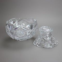 Antique Bol à punch en verre taillé brillant de l'école Hawkes, deux pièces, C1900