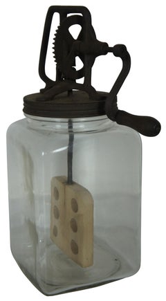 Antique Hazel Atlas Glass & Iron Farmhouse Butter Churn Jar Wood Paddle