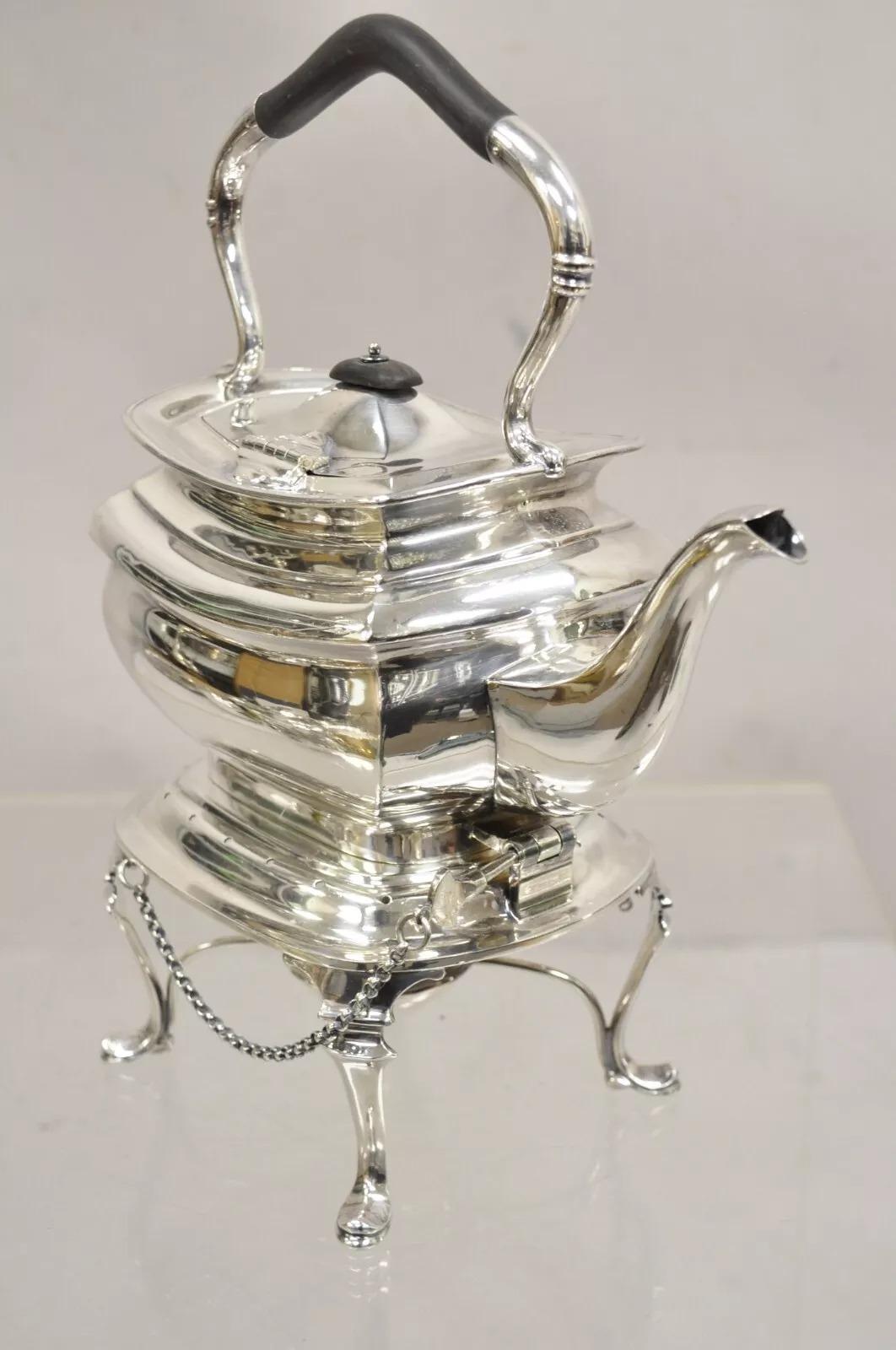 Antique HB&H English Edwardian Silver Plated Tilting Tea Kettle Pot On Base. Circa Early 20th Century. Measurements: 12.5