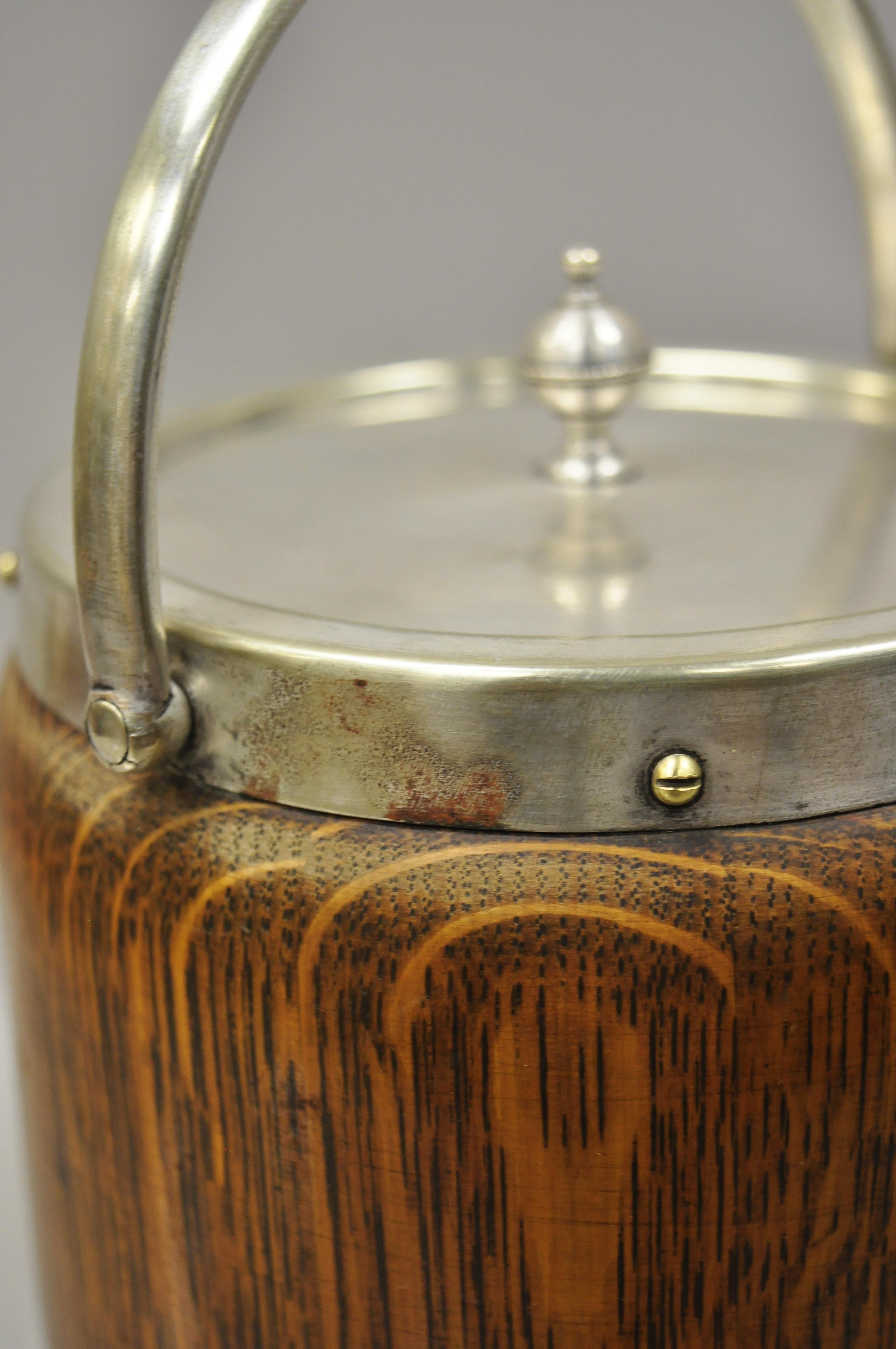 Victorian Antique H.C. & C. English Silver Plate and Oak Biscuit Barrel with Lid and Liner For Sale