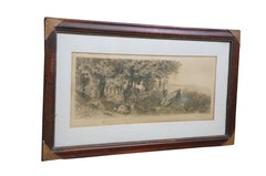 Antique HC Rost Signed Hunt Theme Forest Elk Stag Landscape Etching 31"