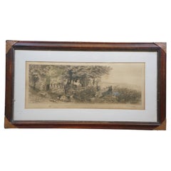 Antique HC Rost Signed Hunt Theme Forest Elk Stag Landscape Etching 31"