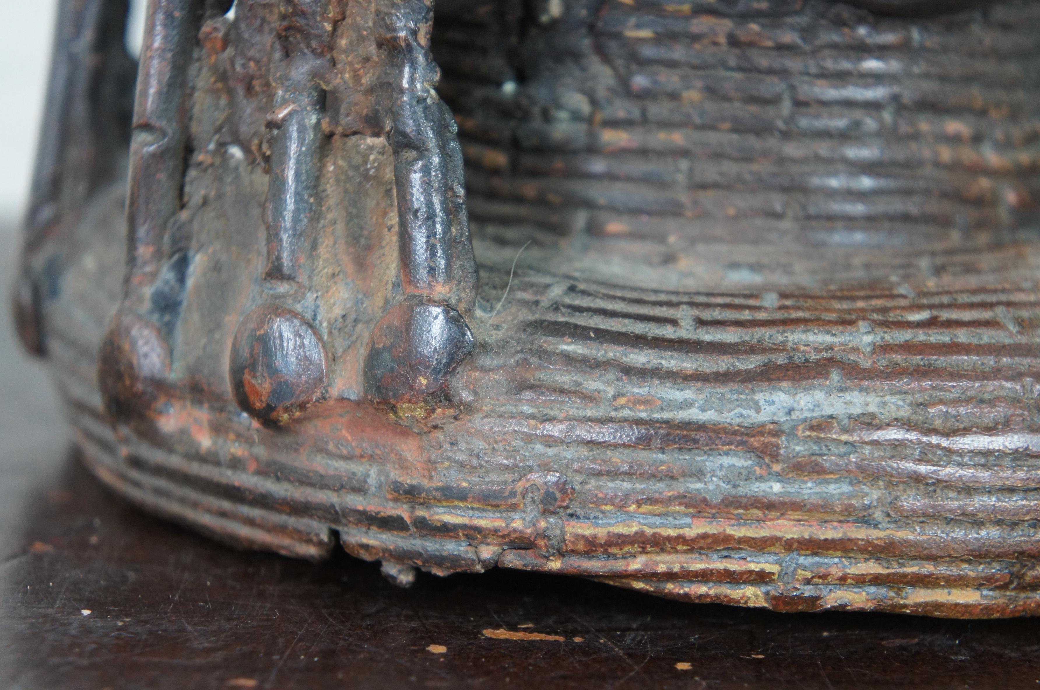 Antiquité Tête d'Oba Roi Bronze Benin Sculpture Africaine Tribale Buste d'Autel 8