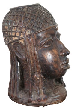 Antique Head of an Oba King Bronze Benin Sculpture African Tribal Altar Bust