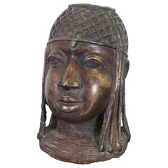 Antique Head of an Oba King Bronze Benin Sculpture African Tribal Altar Bust