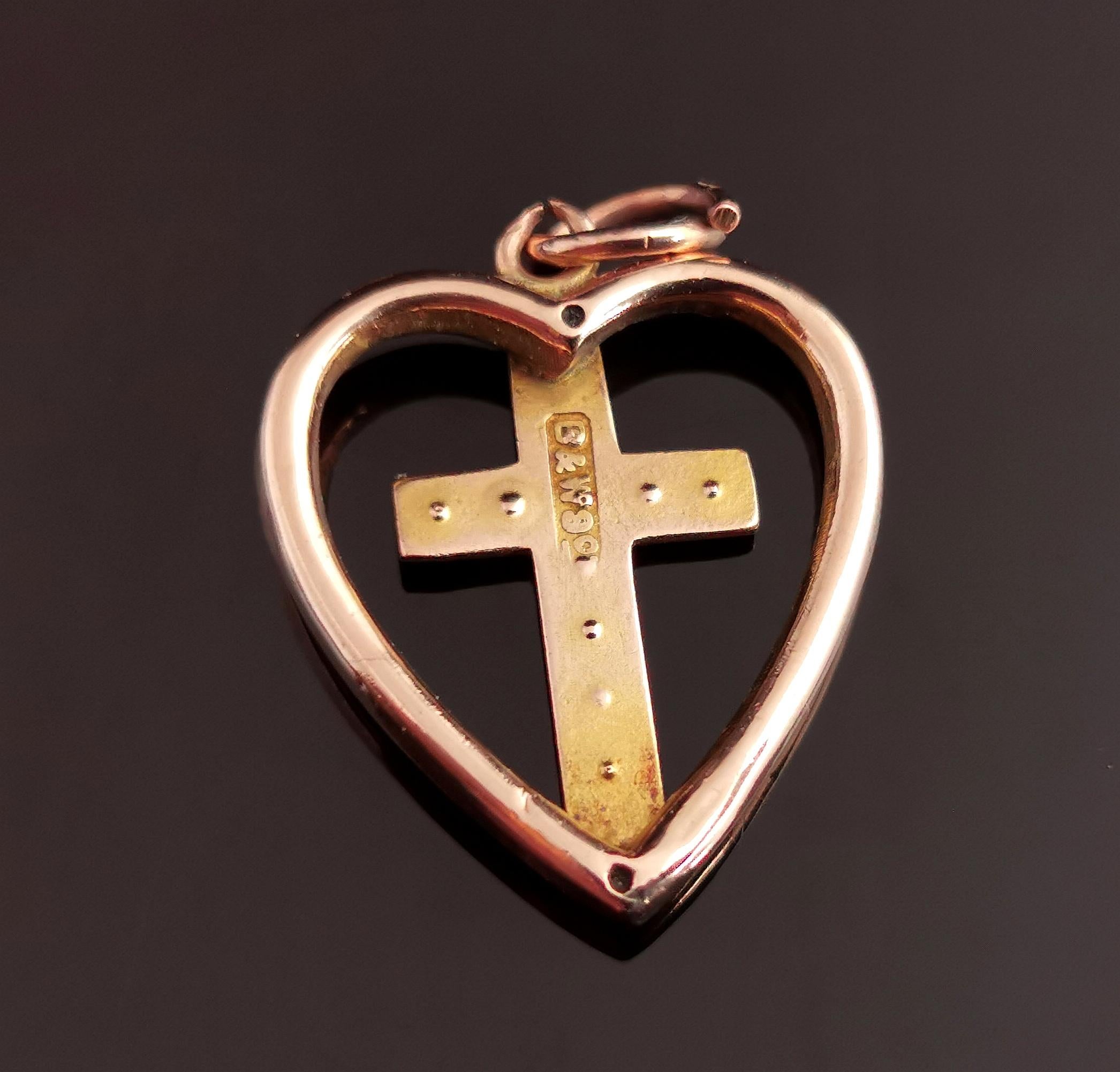 Antique Heart and Cross Pendant, 9k Rose Gold, Turquoise and Seed Pearl 3