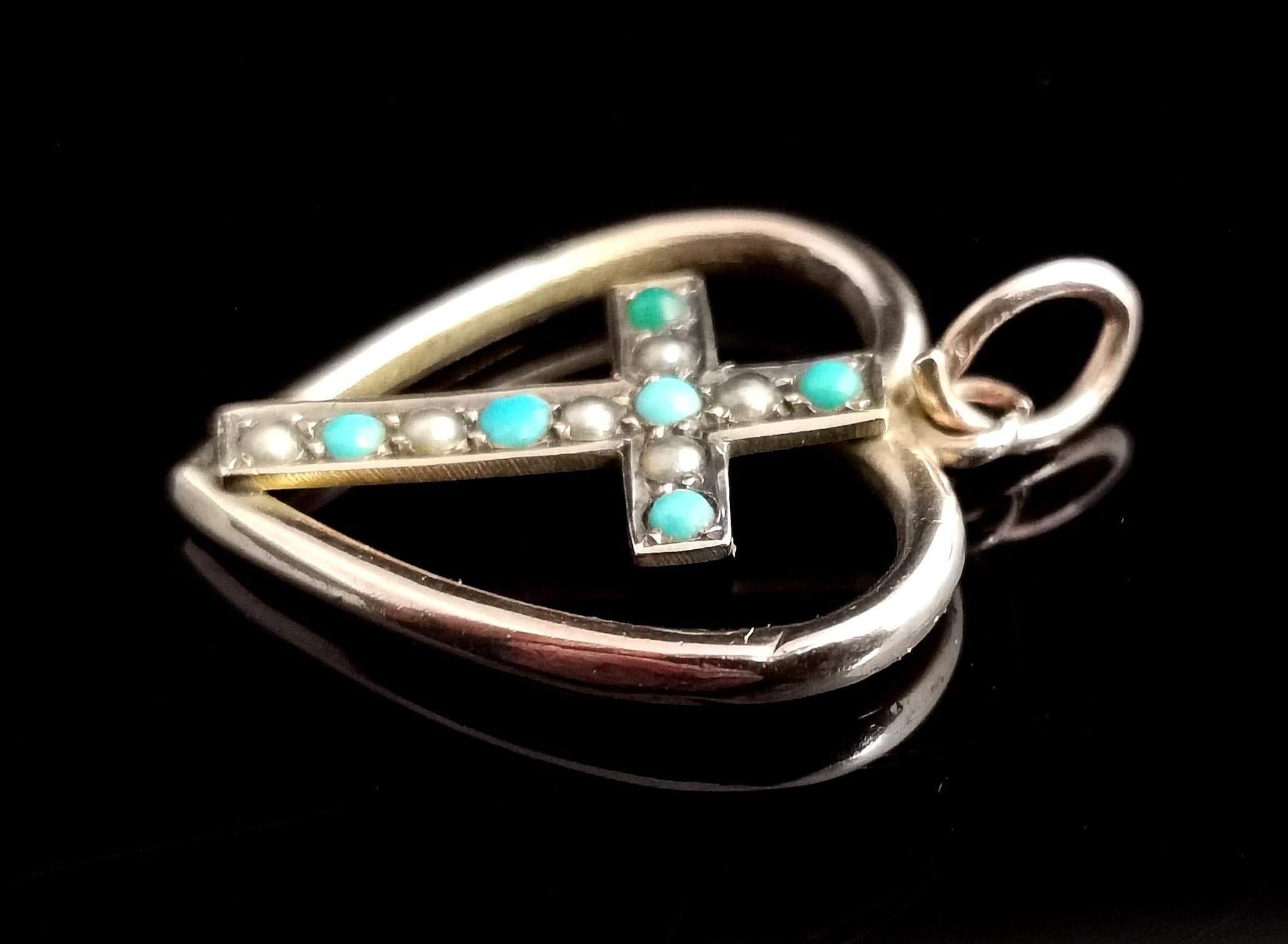 Antique Heart and Cross Pendant, 9k Rose Gold, Turquoise and Seed Pearl 5