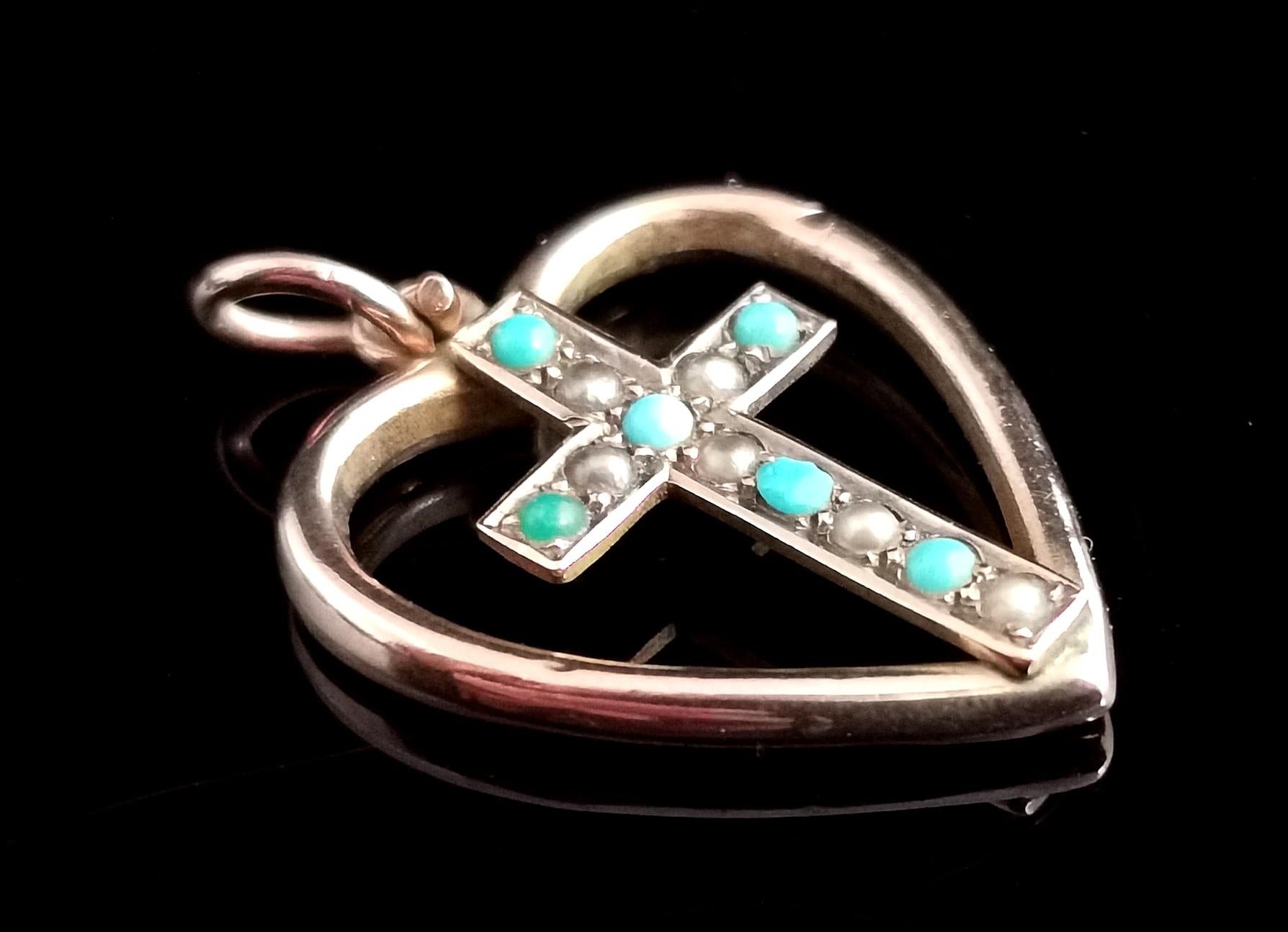 Pendentif ancien en forme de cœur et de croix, en or rose 9 carats, turquoise et perles naturelles 8